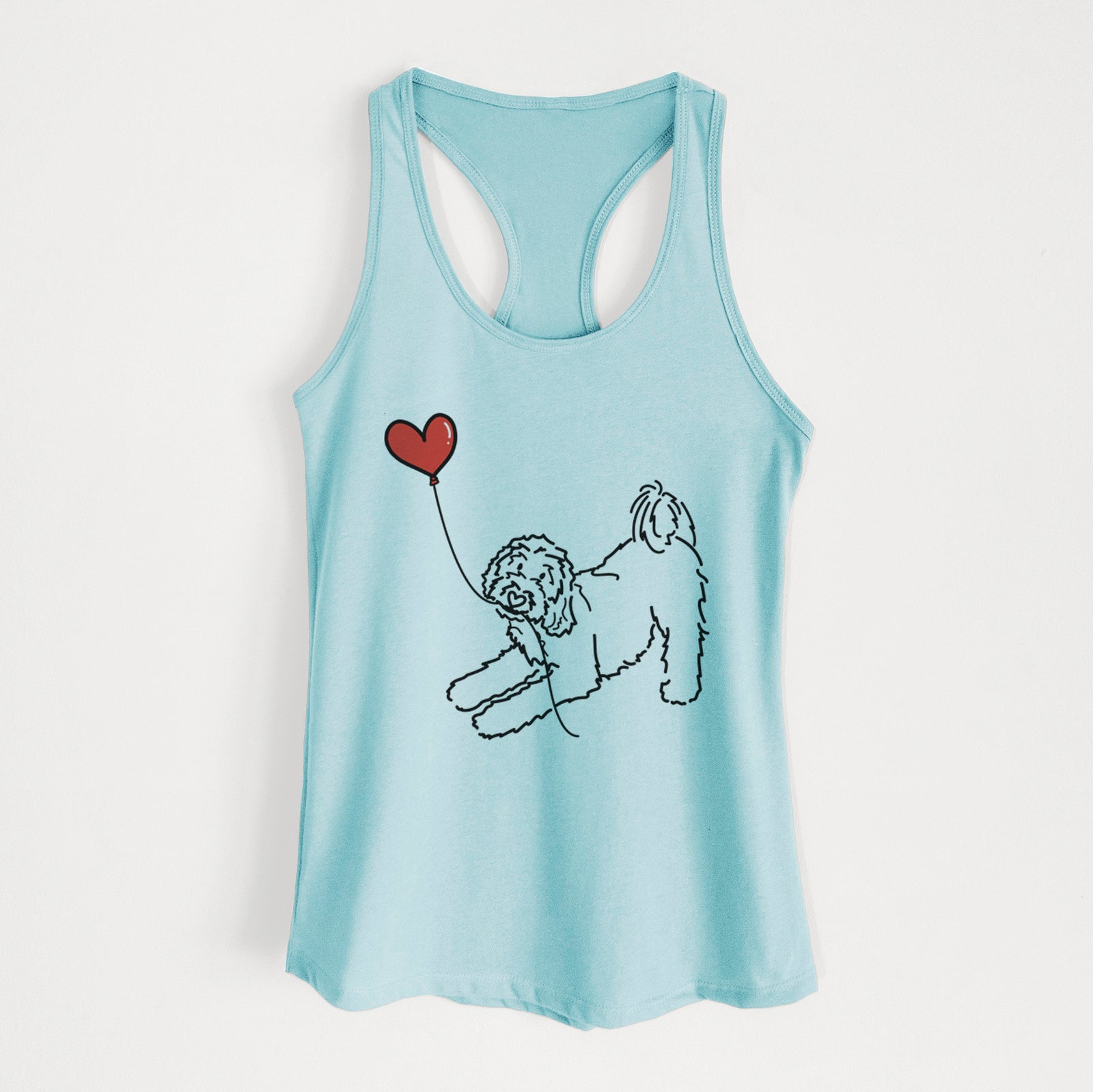 Minimalist line drawing of a Goldendoodle Heart String holding a heart balloon on a Cancun Blue Women's racerback tanktop