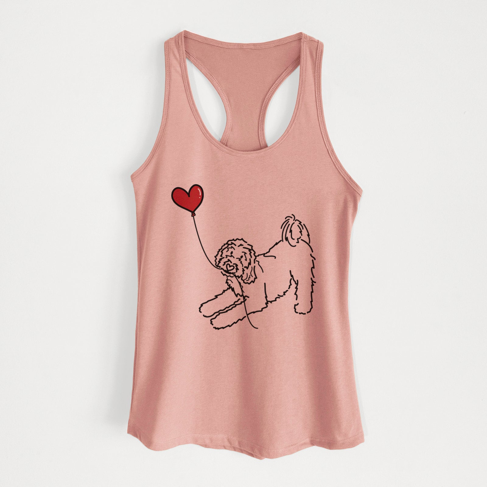 Minimalist line drawing of a Goldendoodle Heart String holding a heart balloon on a Desert Pink Women's racerback tanktop