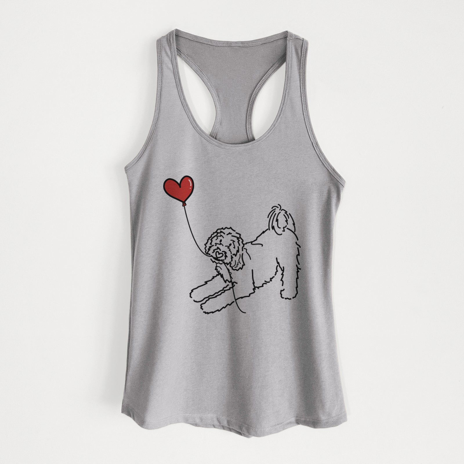 Minimalist line drawing of a Goldendoodle Heart String holding a heart balloon on a Heather Grey Women's racerback tanktop