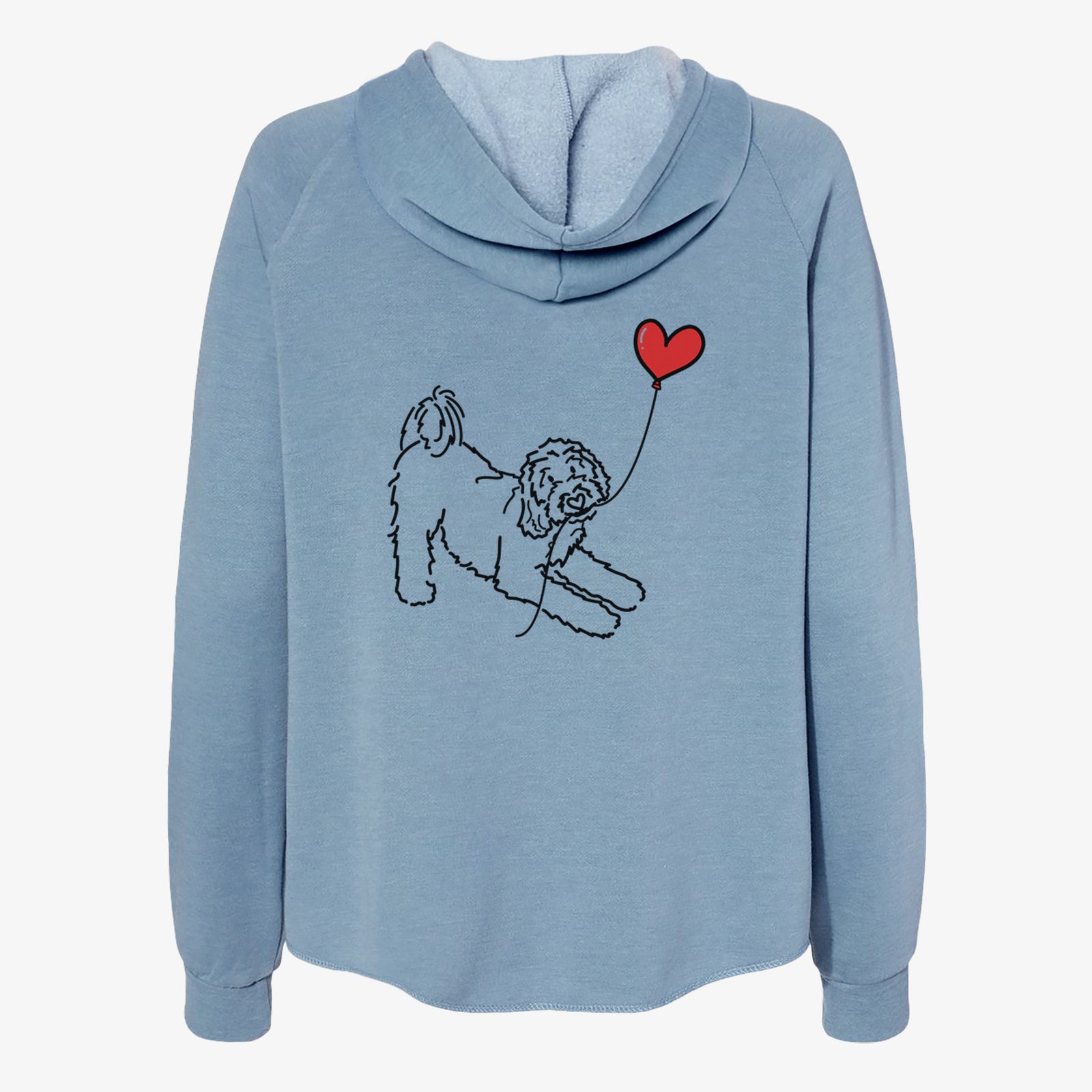 Minimalist line drawing of a Goldendoodle Heart String- Women's Cali Wave Zip-Up Sweatshirt holding a heart balloon on a Misty Blue Cali Wave Zipup Sweatshirt