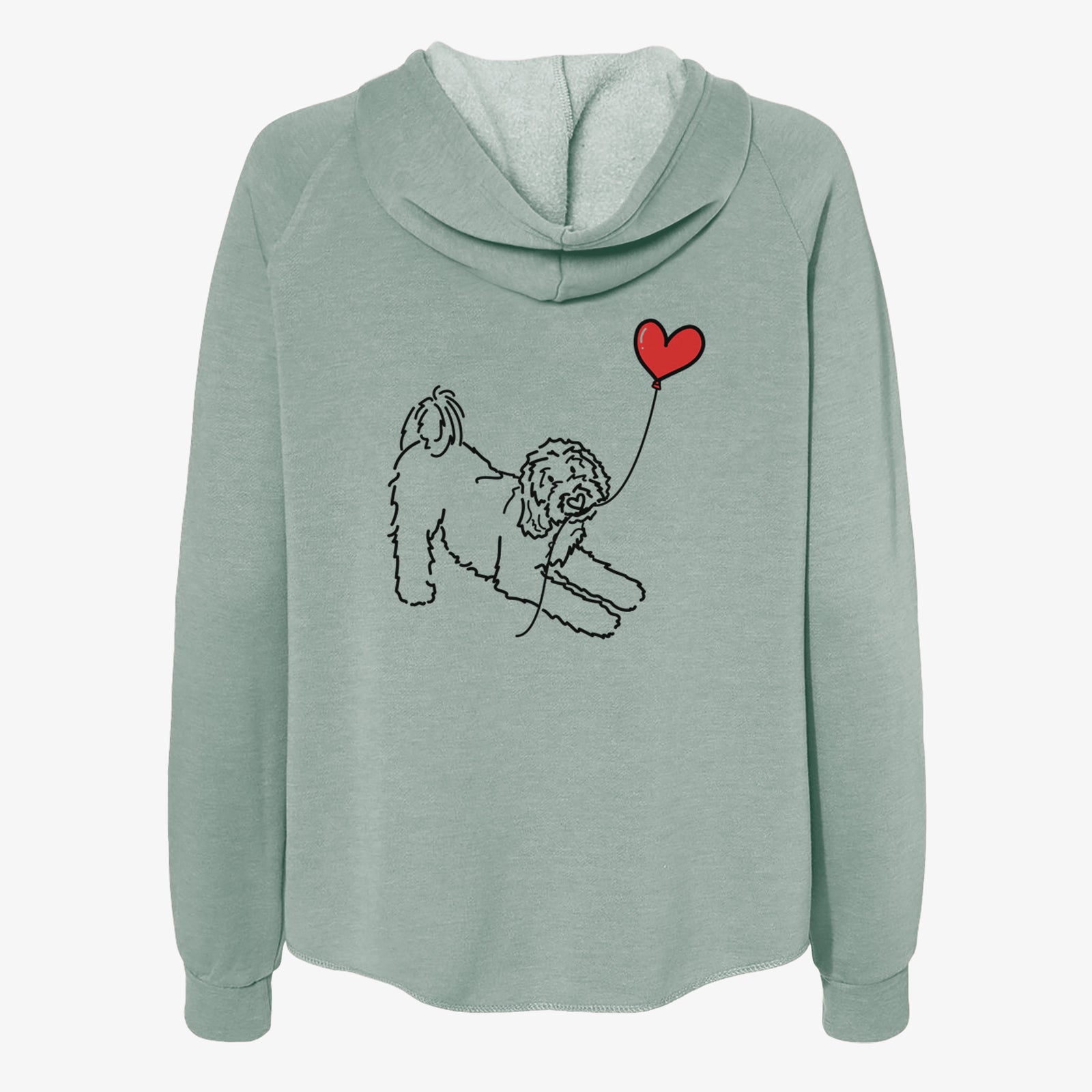 Minimalist line drawing of a Goldendoodle Heart String- Women's Cali Wave Zip-Up Sweatshirt holding a heart balloon on a Sage Cali Wave Zipup Sweatshirt