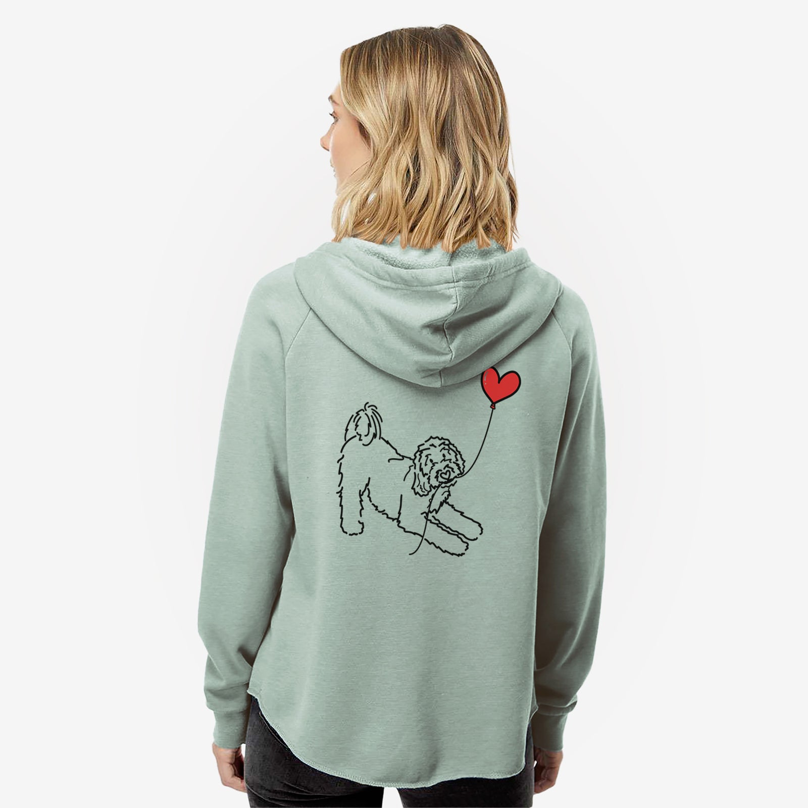 Minimalist line drawing of a Goldendoodle Heart String- Women's Cali Wave Zip-Up Sweatshirt holding a heart balloon on a Sage Cali Wave Zipup Sweatshirt