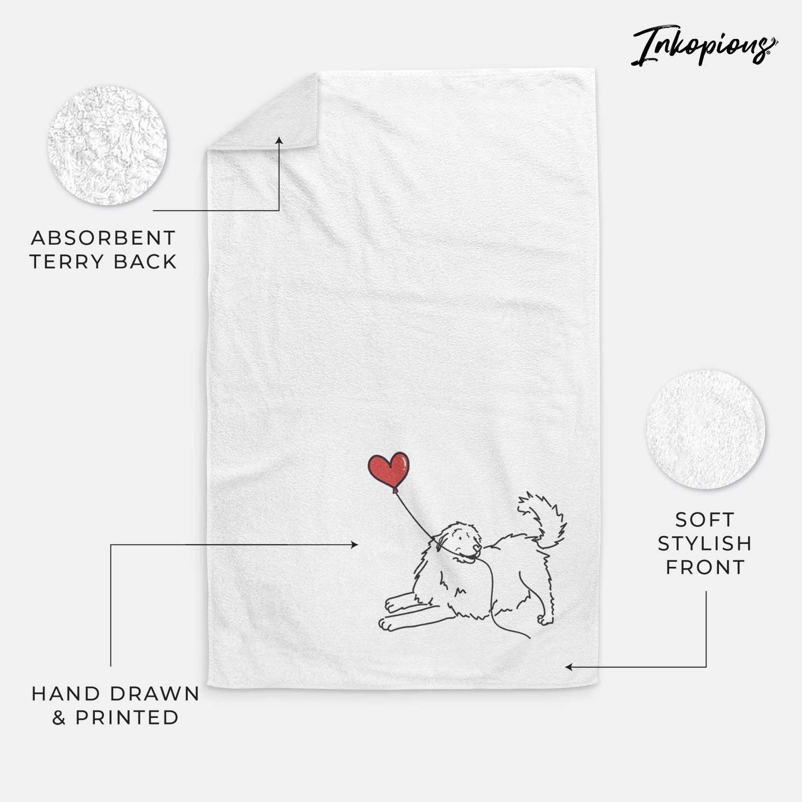 Minimalist line drawing of a Great Pyrenees Heart String holding a heart balloon on a decorative hand towel