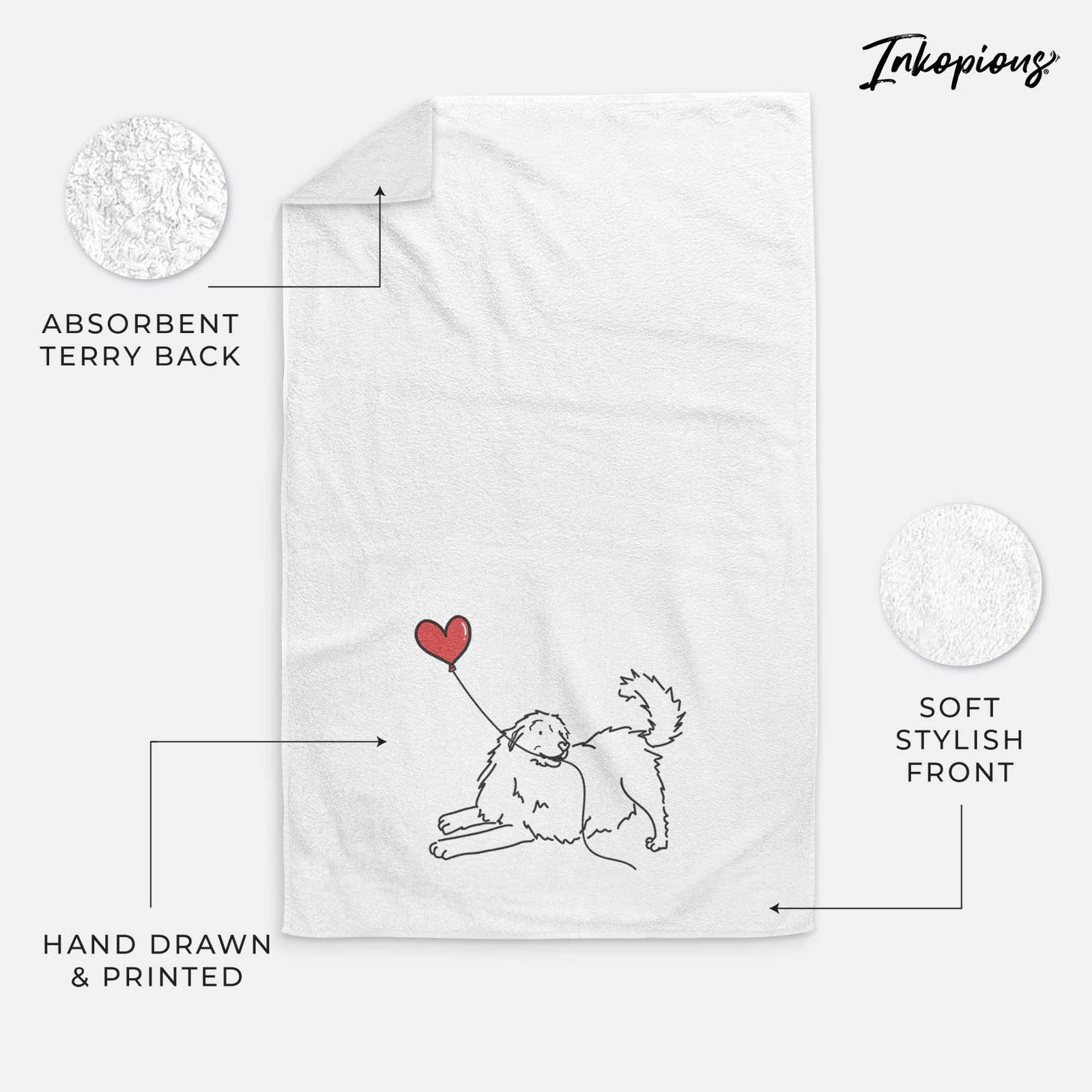Minimalist line drawing of a Great Pyrenees Heart String holding a heart balloon on a decorative hand towel