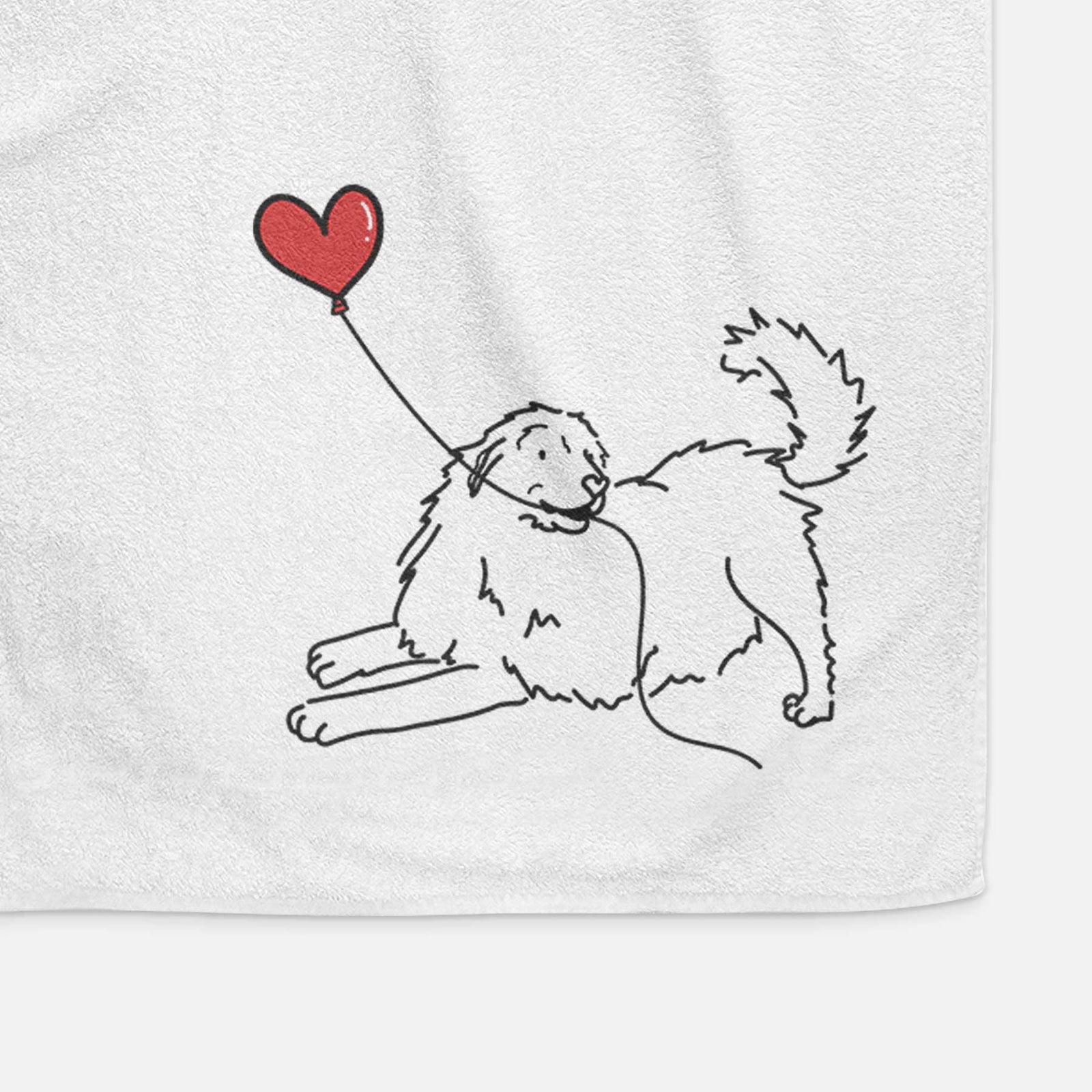 Minimalist line drawing of a Great Pyrenees Heart String holding a heart balloon on a decorative hand towel