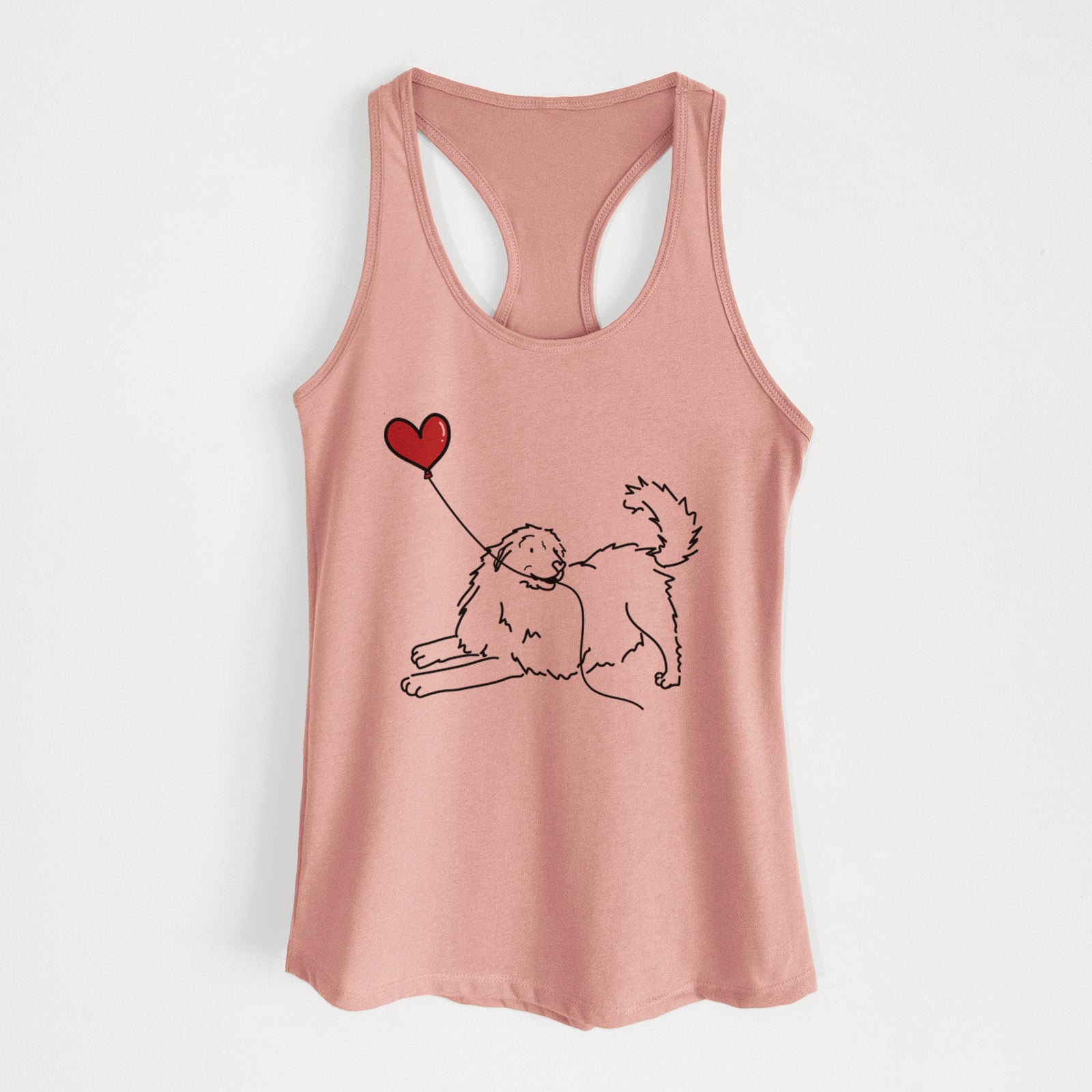 Minimalist line drawing of a Great Pyrenees Heart String holding a heart balloon on a Desert Pink Women's racerback tanktop