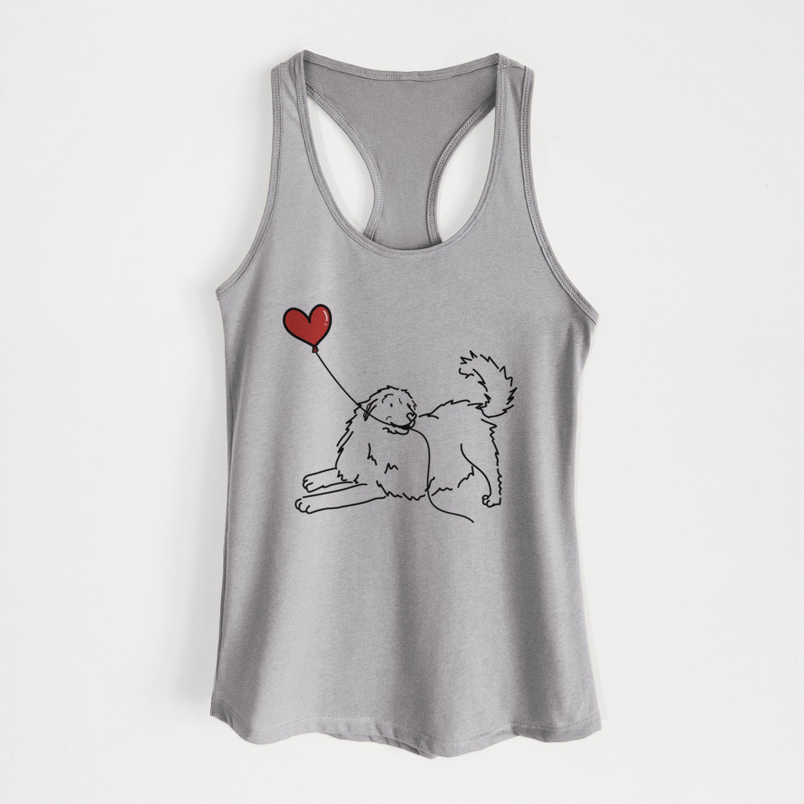 Minimalist line drawing of a Great Pyrenees Heart String holding a heart balloon on a Heather Grey Women's racerback tanktop