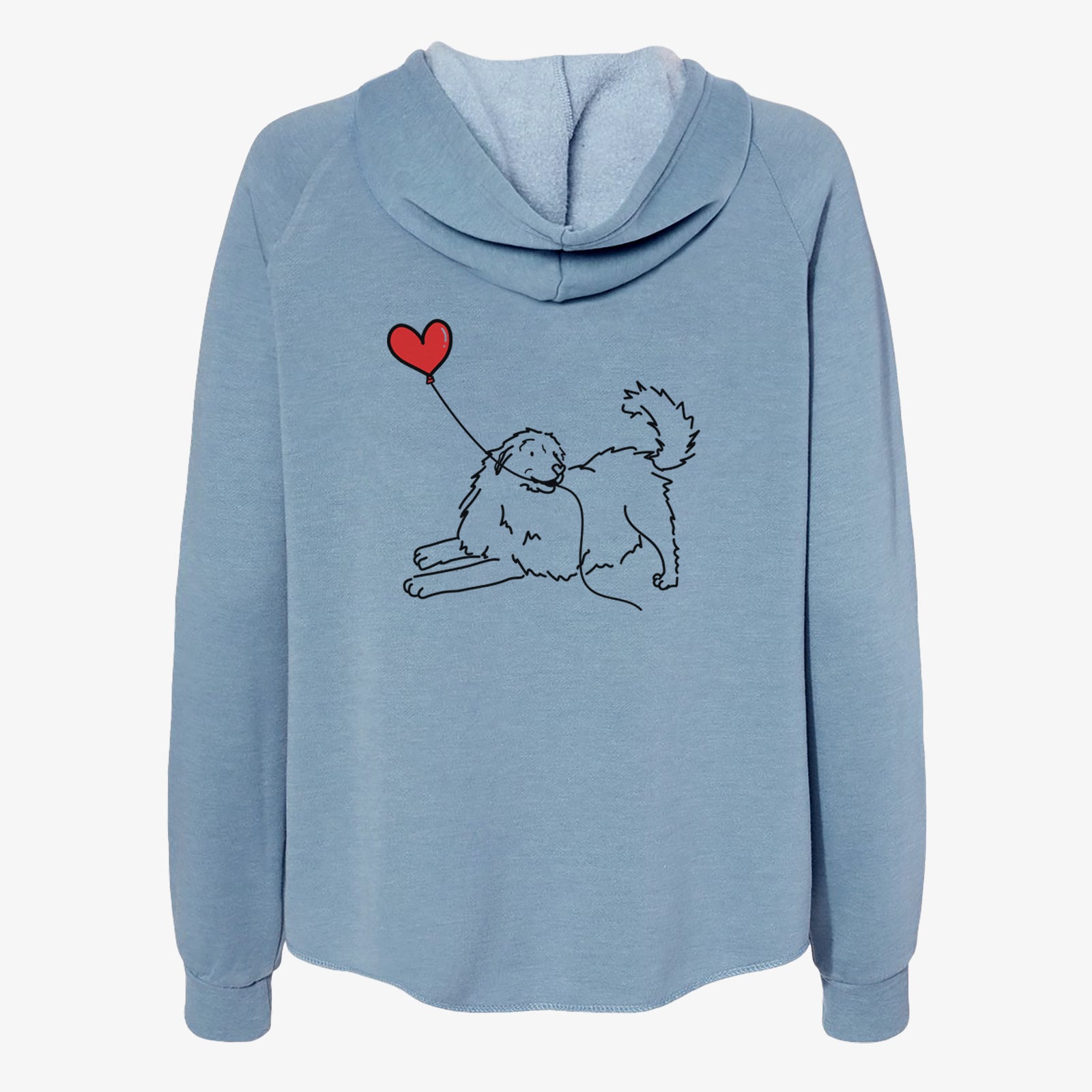Minimalist line drawing of a Great Pyrenees Heart String- Women's Cali Wave Zip-Up Sweatshirt holding a heart balloon on a Misty Blue Cali Wave Zipup Sweatshirt