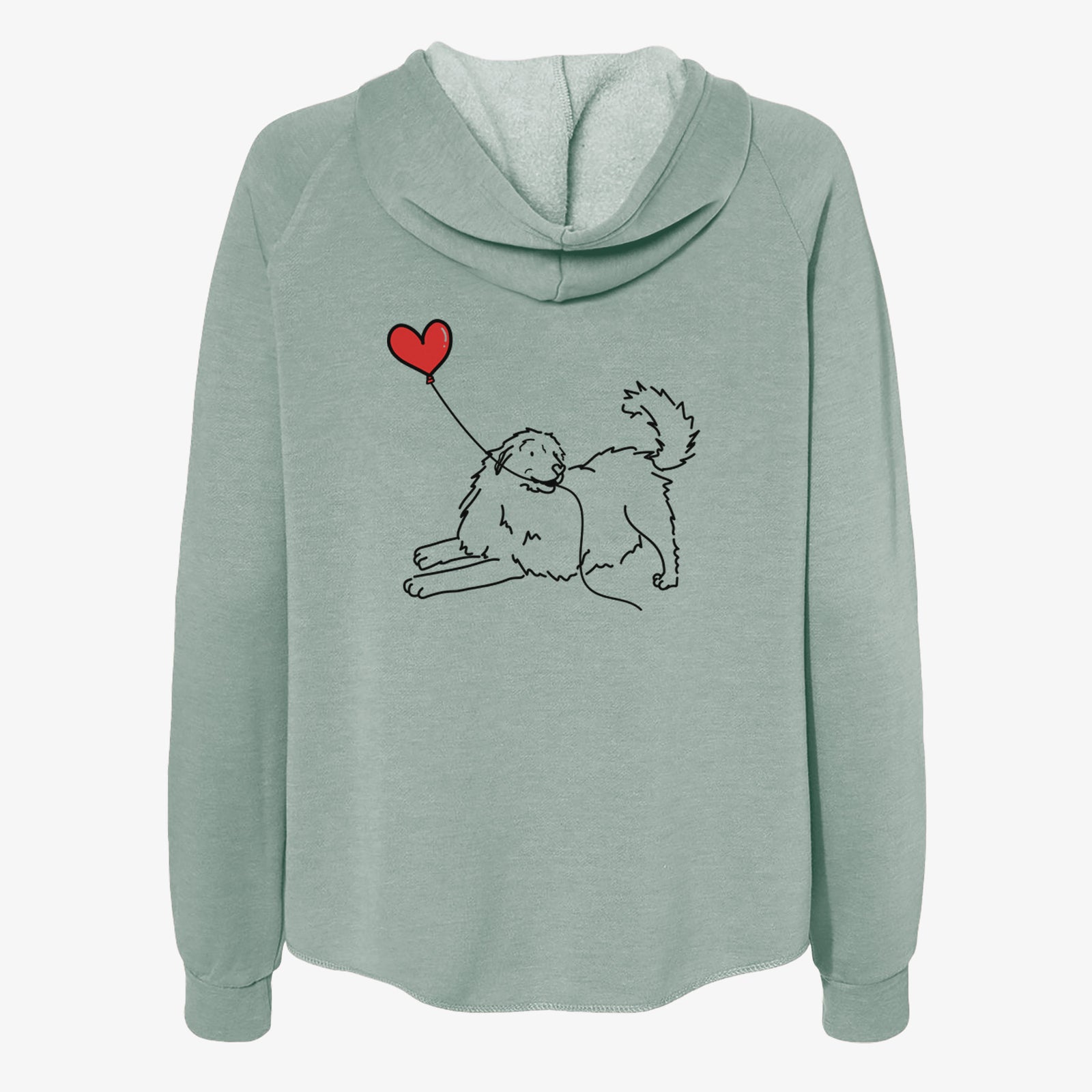 Minimalist line drawing of a Great Pyrenees Heart String- Women's Cali Wave Zip-Up Sweatshirt holding a heart balloon on a Sage Cali Wave Zipup Sweatshirt