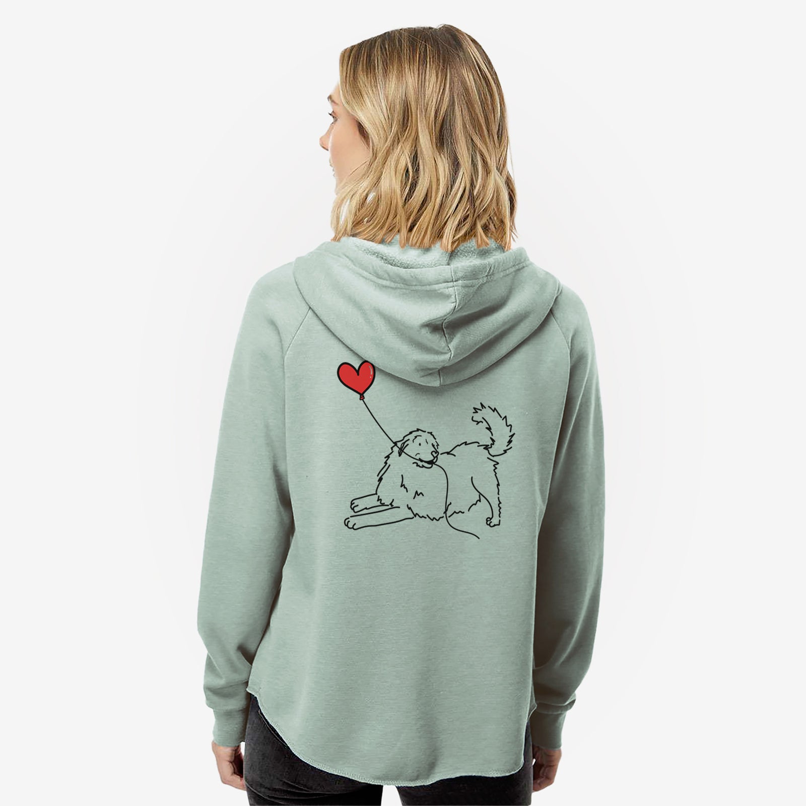 Minimalist line drawing of a Great Pyrenees Heart String- Women's Cali Wave Zip-Up Sweatshirt holding a heart balloon on a Sage Cali Wave Zipup Sweatshirt