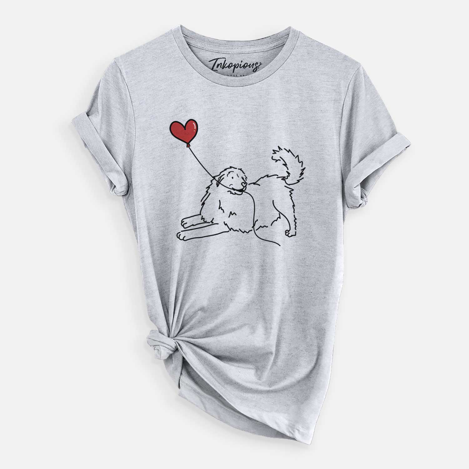 Minimalist line drawing of a Great Pyrenees Heart String holding a heart balloon on a Grey Unisex crewneck