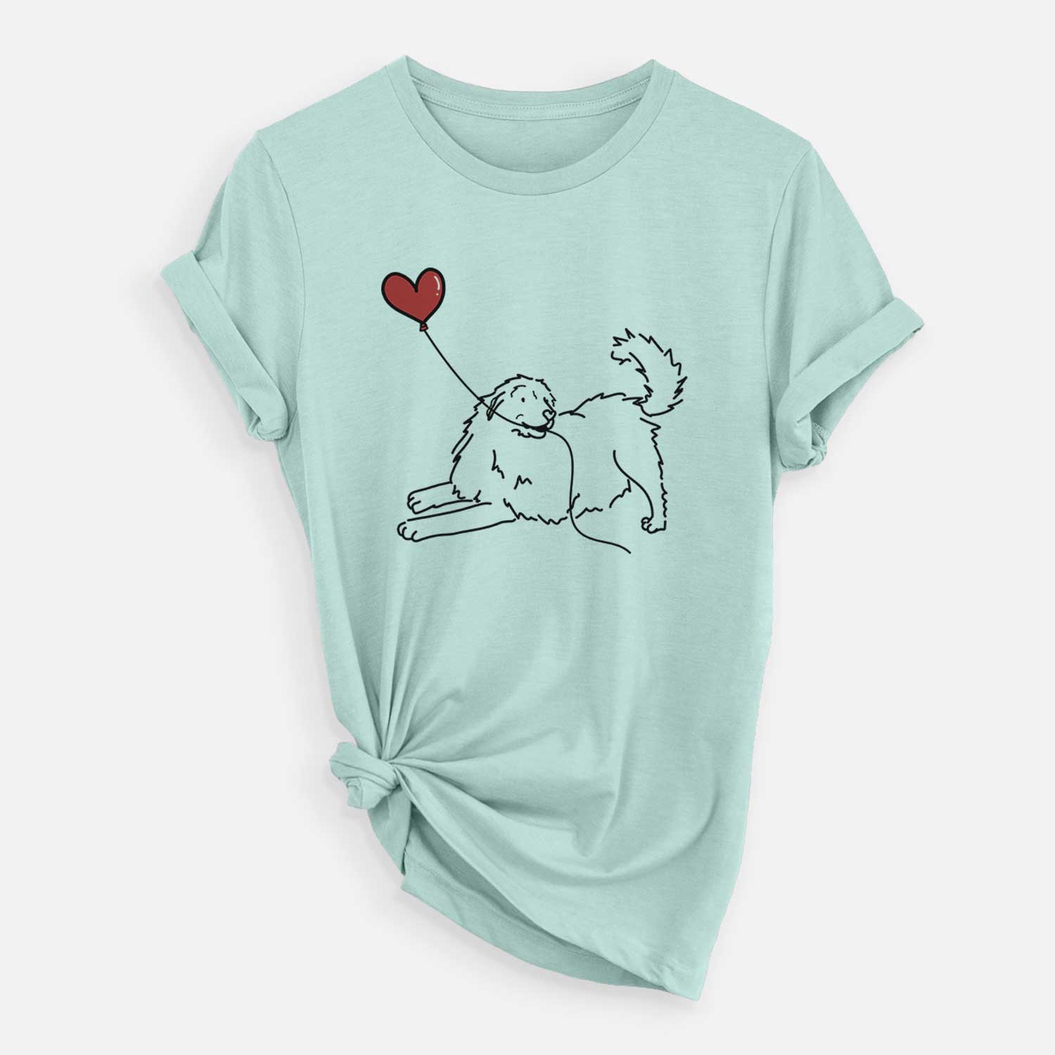 Minimalist line drawing of a Great Pyrenees Heart String holding a heart balloon on a Heather Sage Unisex crewneck