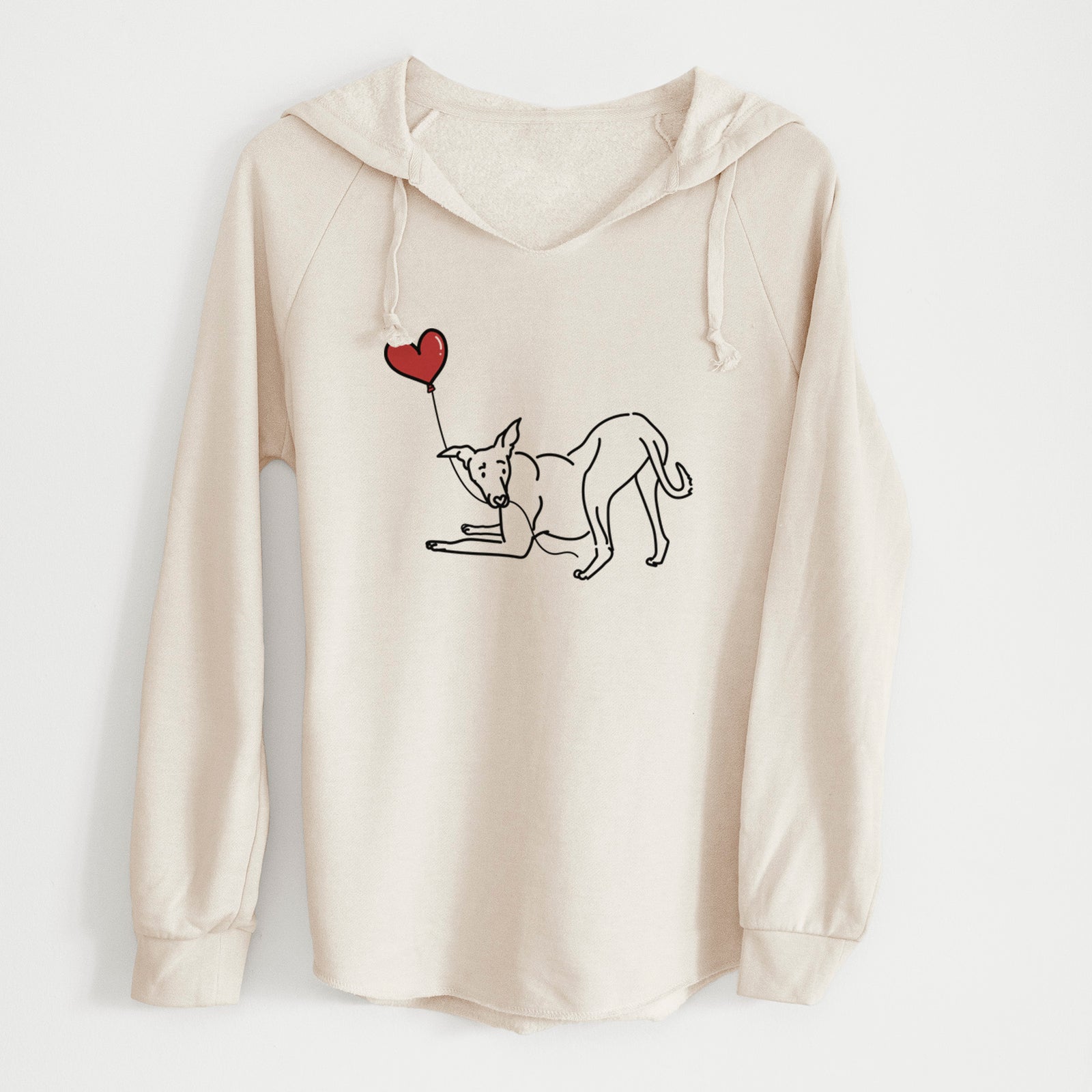 Minimalist line drawing of a Greyhound Heart String holding a heart balloon on a Bone Cali Wave Hooded Sweatshirt