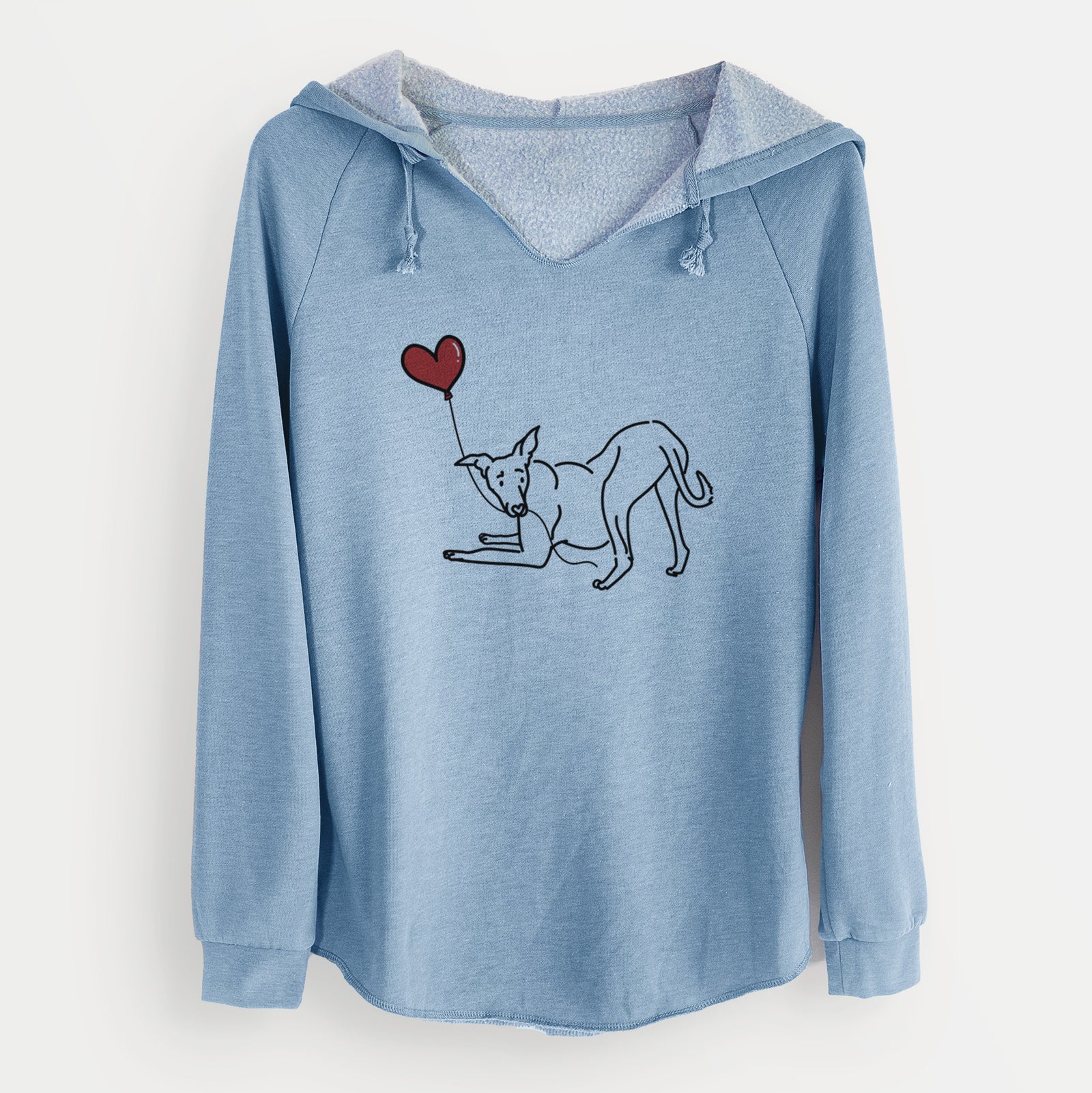 Minimalist line drawing of a Greyhound Heart String holding a heart balloon on a Misty Blue Cali Wave Hooded Sweatshirt
