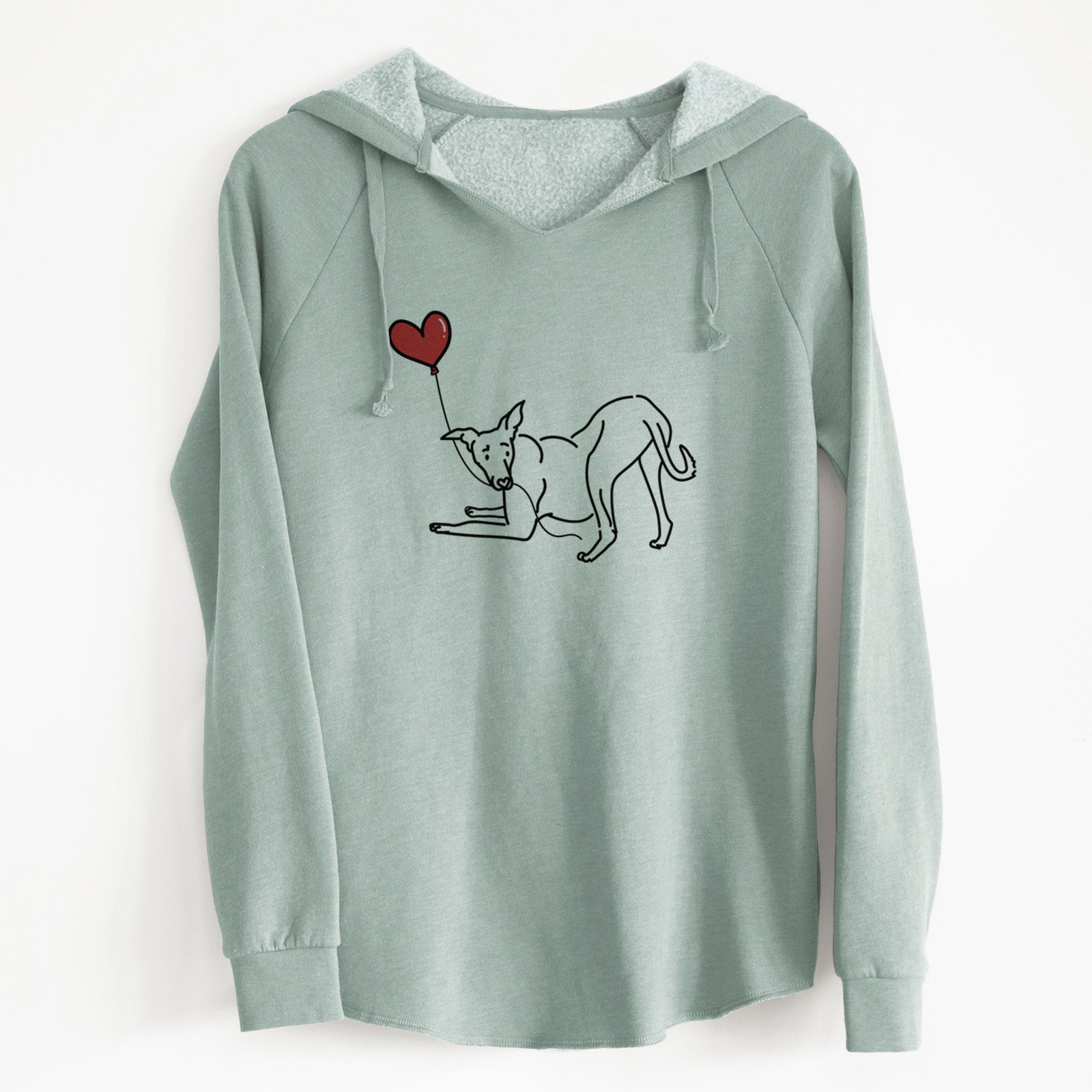 Minimalist line drawing of a Greyhound Heart String holding a heart balloon on a Sage Cali Wave Hooded Sweatshirt