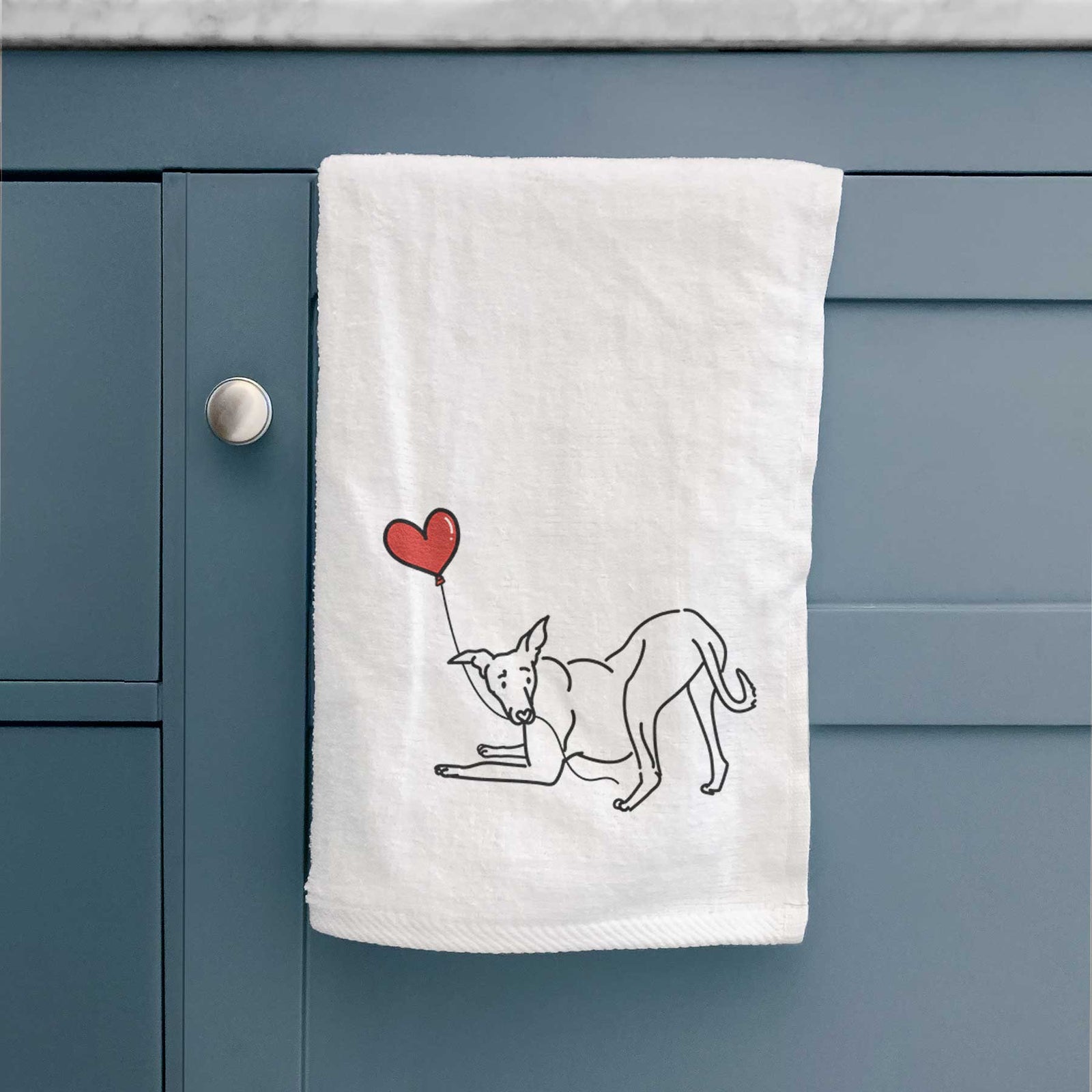 Minimalist line drawing of a Greyhound Heart String holding a heart balloon on a decorative hand towel