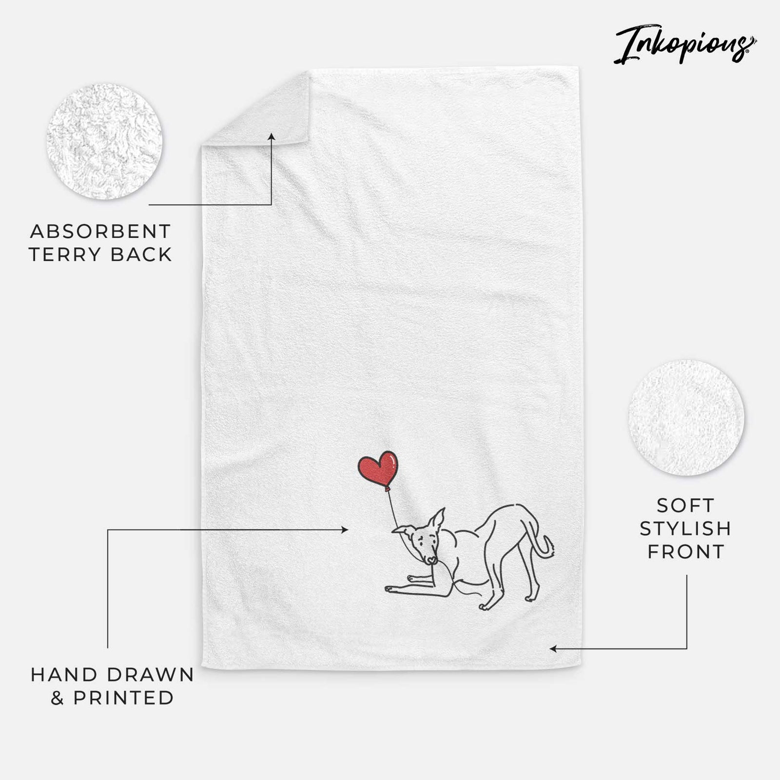 Minimalist line drawing of a Greyhound Heart String holding a heart balloon on a decorative hand towel