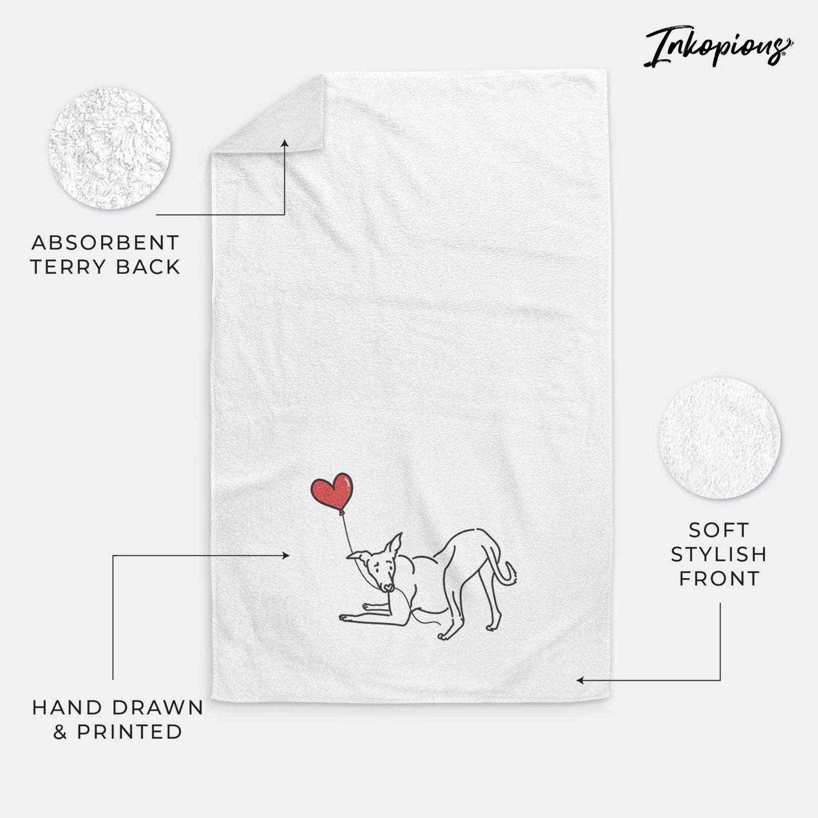 Minimalist line drawing of a Greyhound Heart String holding a heart balloon on a decorative hand towel