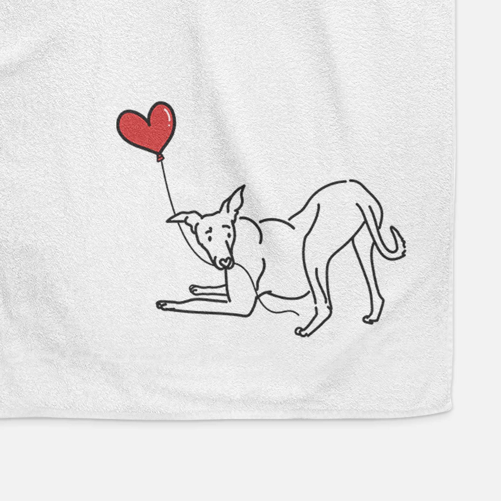 Minimalist line drawing of a Greyhound Heart String holding a heart balloon on a decorative hand towel
