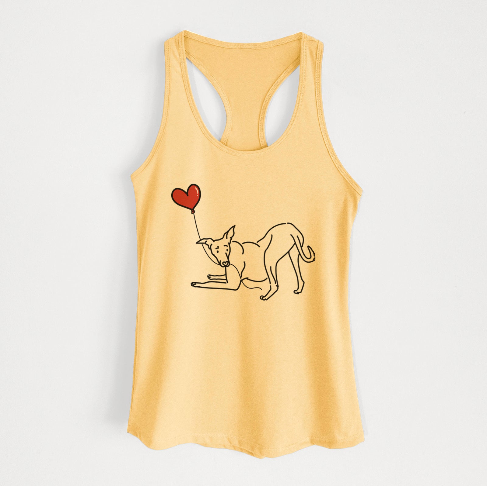 Minimalist line drawing of a Greyhound Heart String holding a heart balloon on a Banana Cream Women's racerback tanktop