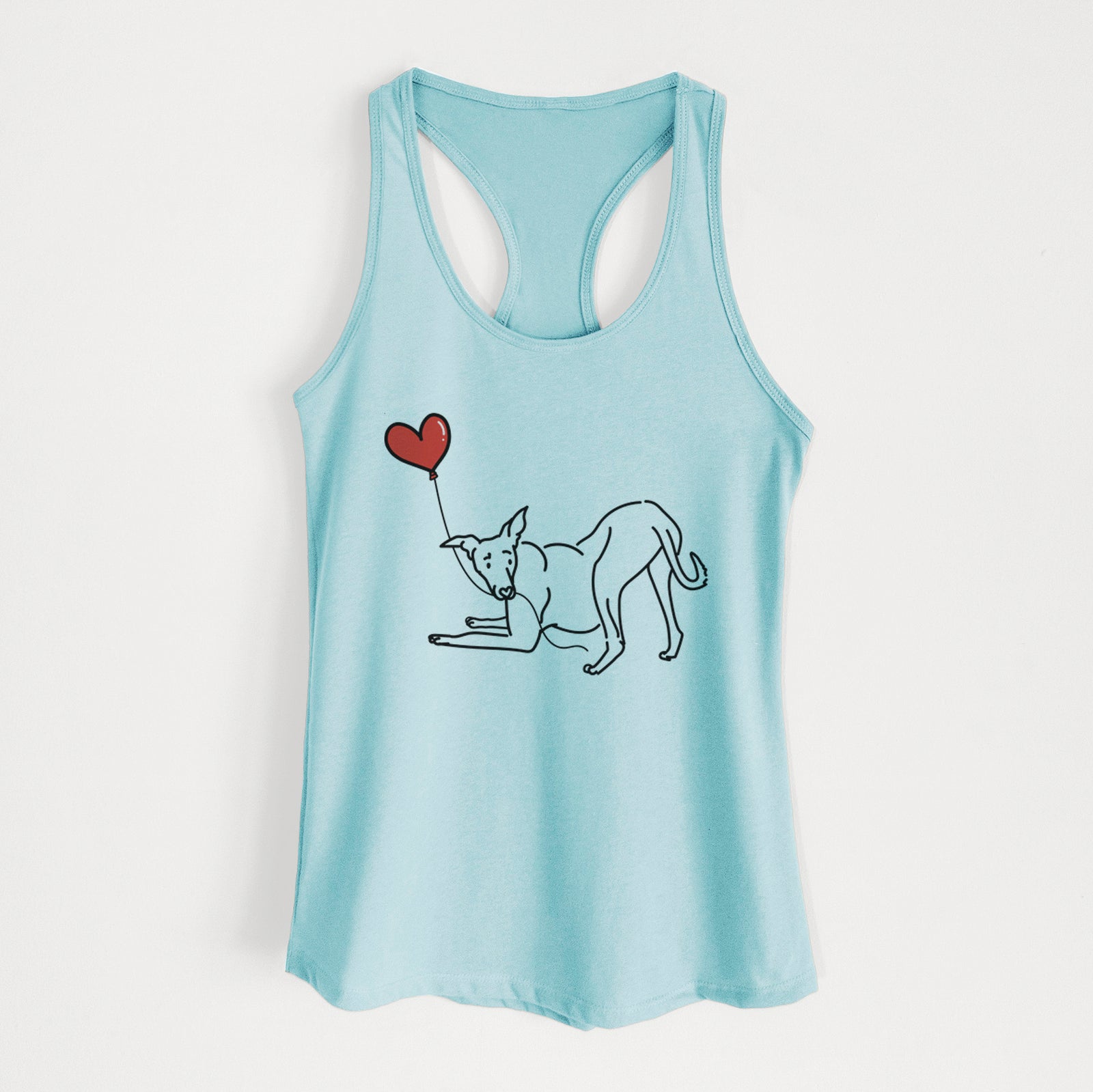 Minimalist line drawing of a Greyhound Heart String holding a heart balloon on a Cancun Blue Women's racerback tanktop