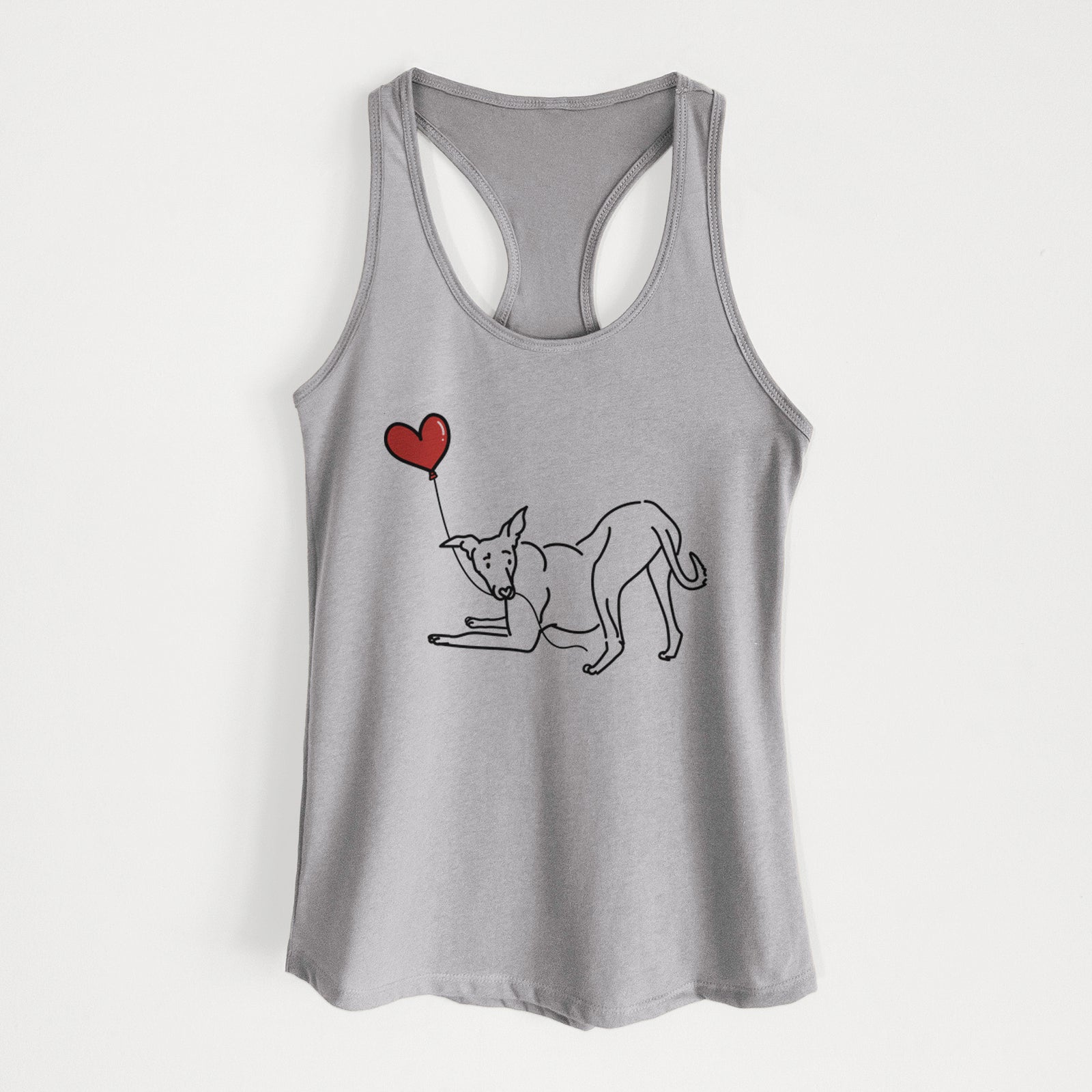 Minimalist line drawing of a Greyhound Heart String holding a heart balloon on a Heather Grey Women's racerback tanktop