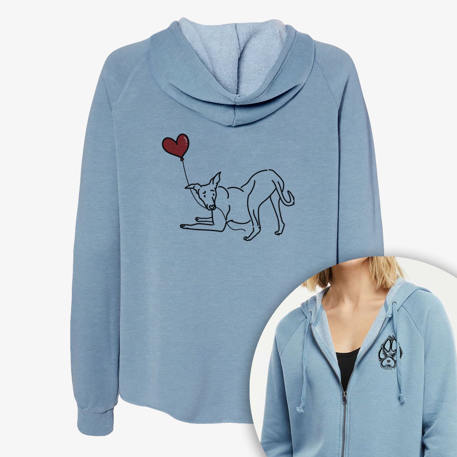 Minimalist line drawing of a Greyhound Heart String- Women's Cali Wave Zip-Up Sweatshirt holding a heart balloon on a Cali Wave Zipup Sweatshirt, shown with icons of the other available costume styles
