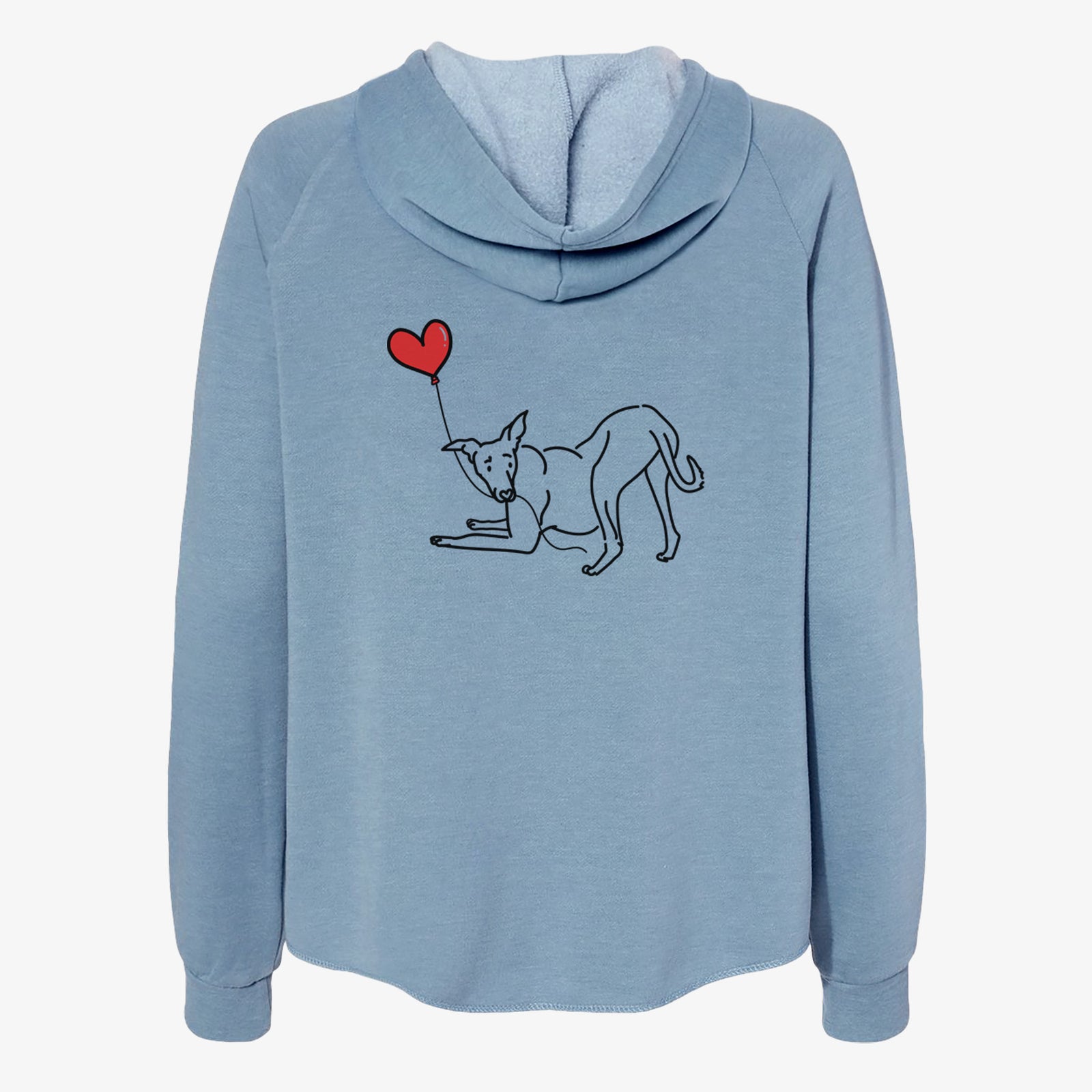 Minimalist line drawing of a Greyhound Heart String- Women's Cali Wave Zip-Up Sweatshirt holding a heart balloon on a Misty Blue Cali Wave Zipup Sweatshirt