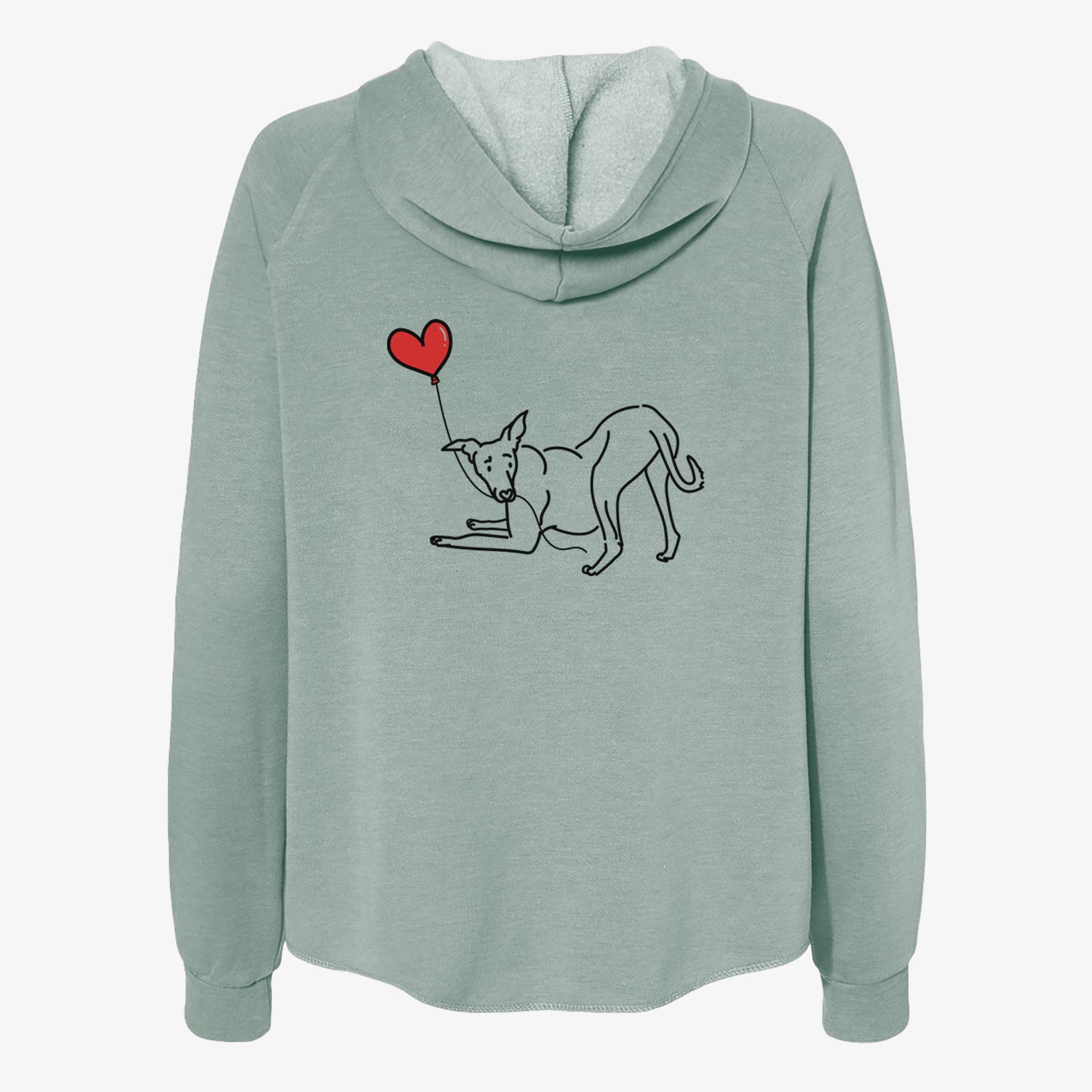 Minimalist line drawing of a Greyhound Heart String- Women's Cali Wave Zip-Up Sweatshirt holding a heart balloon on a Sage Cali Wave Zipup Sweatshirt