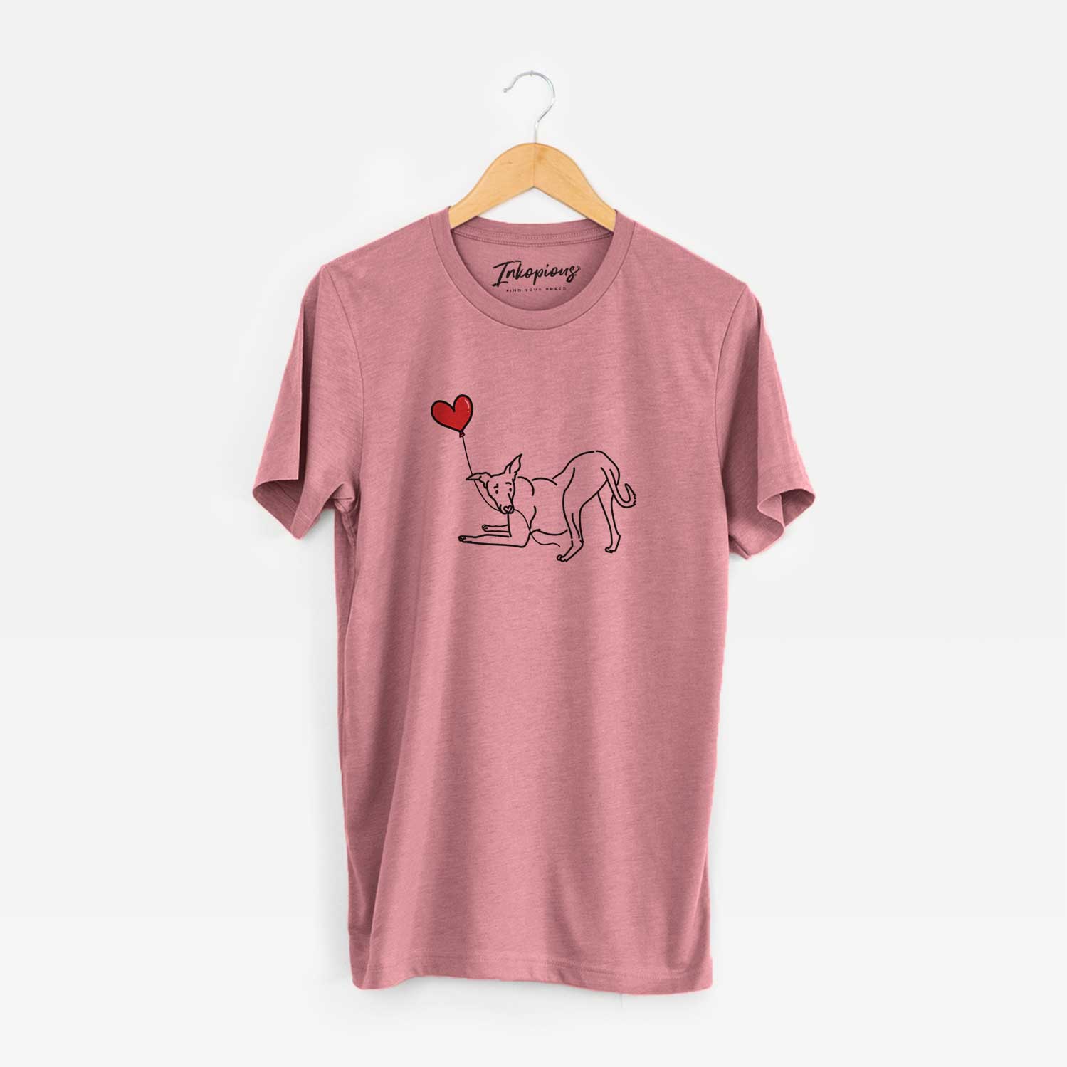 Minimalist line drawing of a Greyhound Heart String holding a heart balloon on a Mauve Unisex crewneck