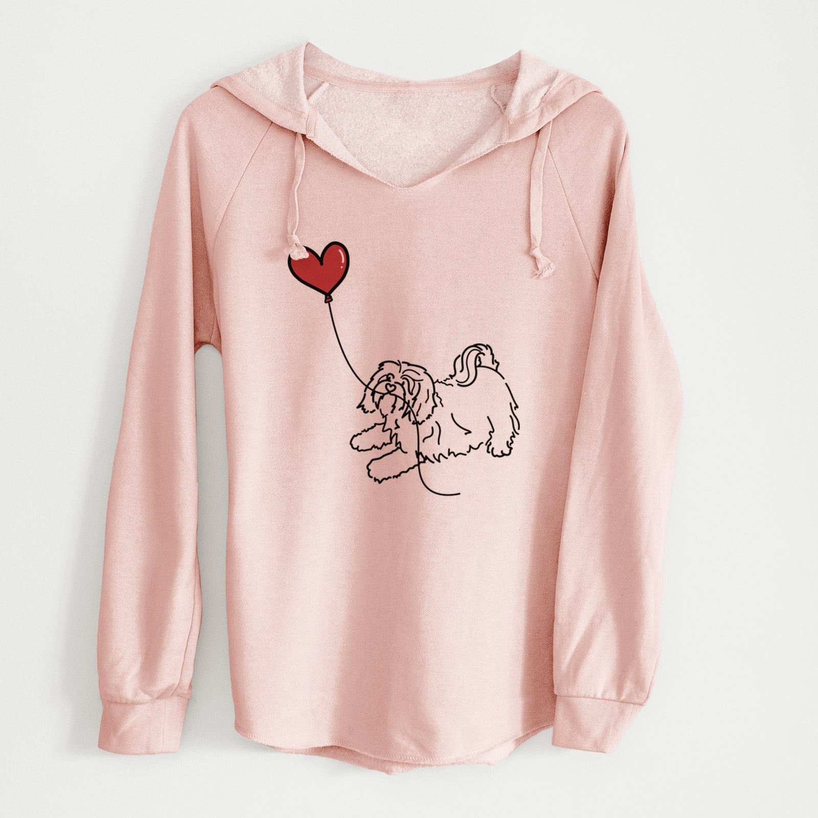 Minimalist line drawing of a Havanese Heart String holding a heart balloon on a Blush Cali Wave Hooded Sweatshirt