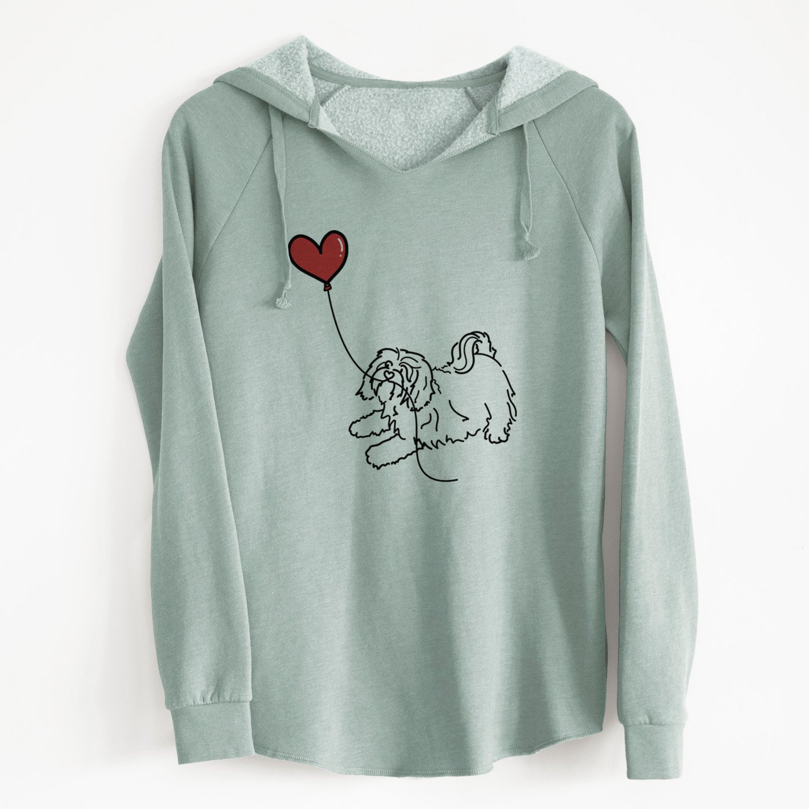 Minimalist line drawing of a Havanese Heart String holding a heart balloon on a Sage Cali Wave Hooded Sweatshirt