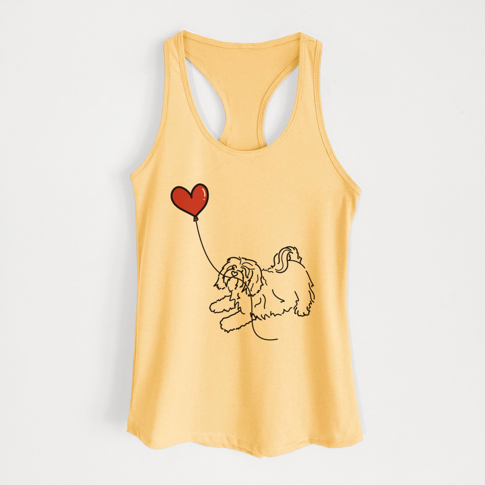Minimalist line drawing of a Havanese Heart String holding a heart balloon on a Banana Cream Women's racerback tanktop