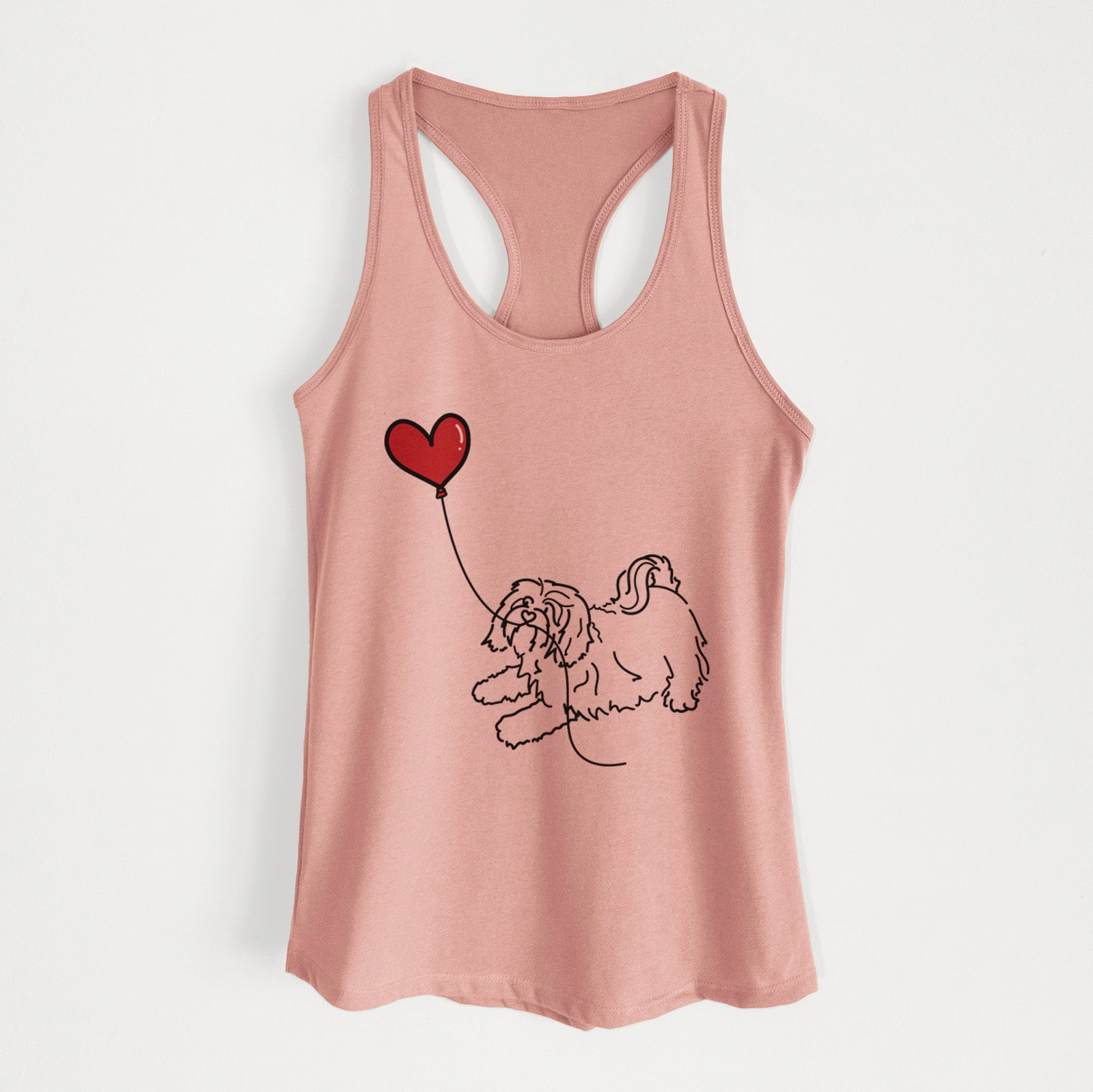 Minimalist line drawing of a Havanese Heart String holding a heart balloon on a Desert Pink Women's racerback tanktop