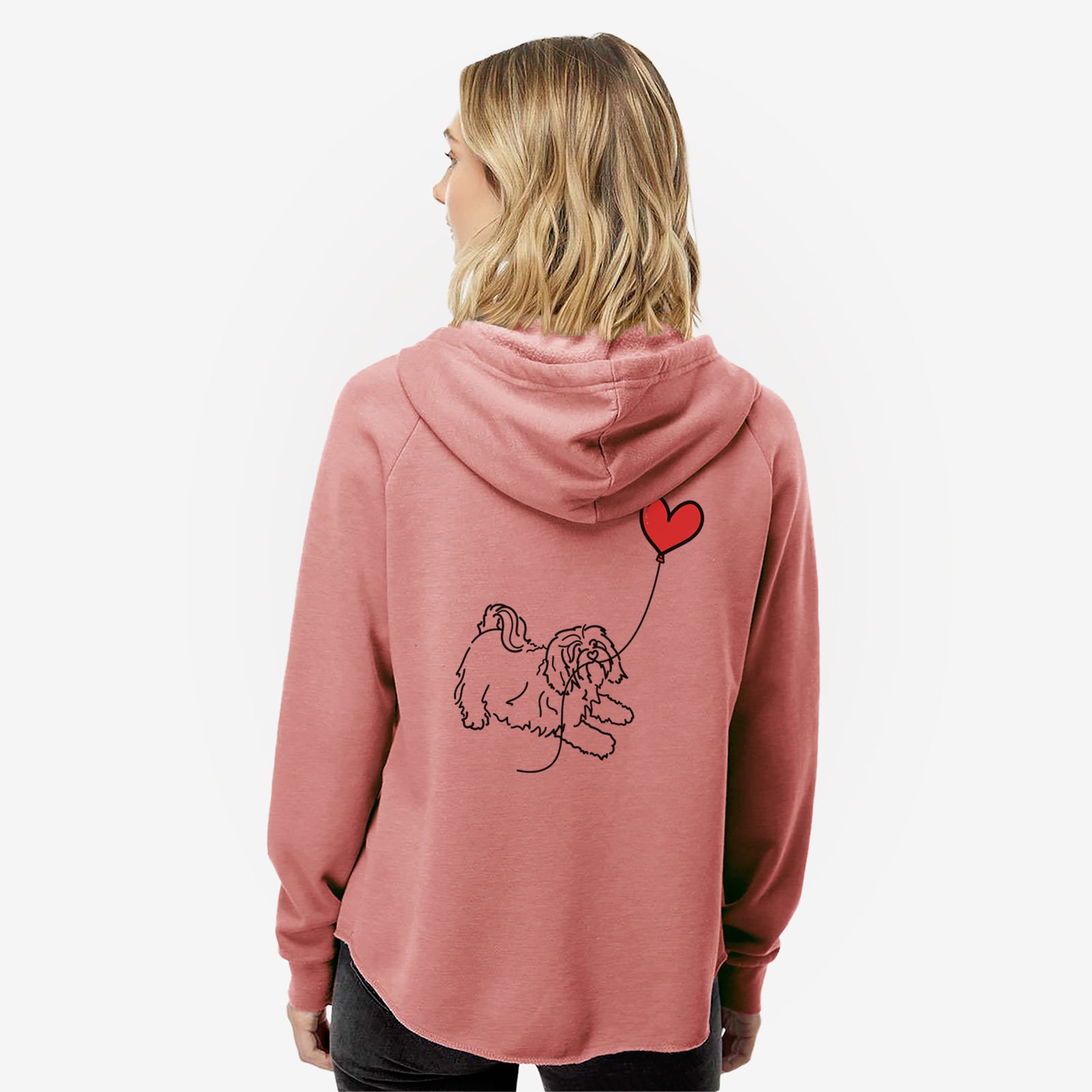 Minimalist line drawing of a Havanese Heart String- Women's Cali Wave Zip-Up Sweatshirt holding a heart balloon on a Dusty Rose Cali Wave Zipup Sweatshirt