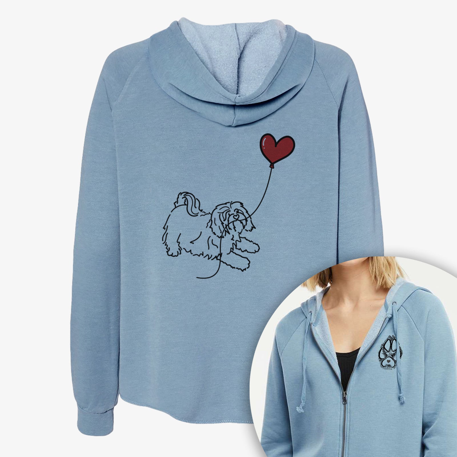 Minimalist line drawing of a Havanese Heart String- Women's Cali Wave Zip-Up Sweatshirt holding a heart balloon on a Cali Wave Zipup Sweatshirt, shown with icons of the other available costume styles