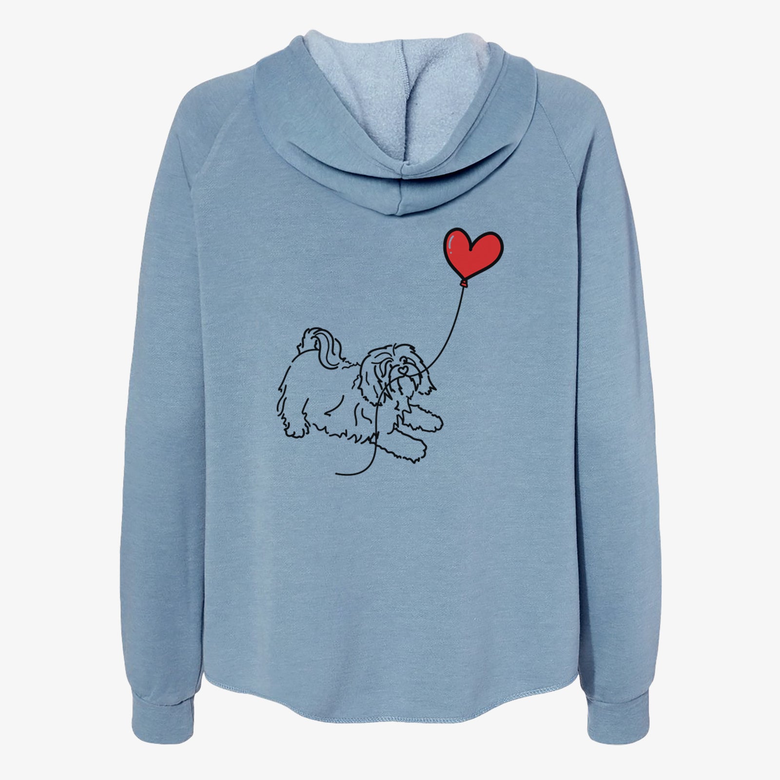 Minimalist line drawing of a Havanese Heart String- Women's Cali Wave Zip-Up Sweatshirt holding a heart balloon on a Misty Blue Cali Wave Zipup Sweatshirt