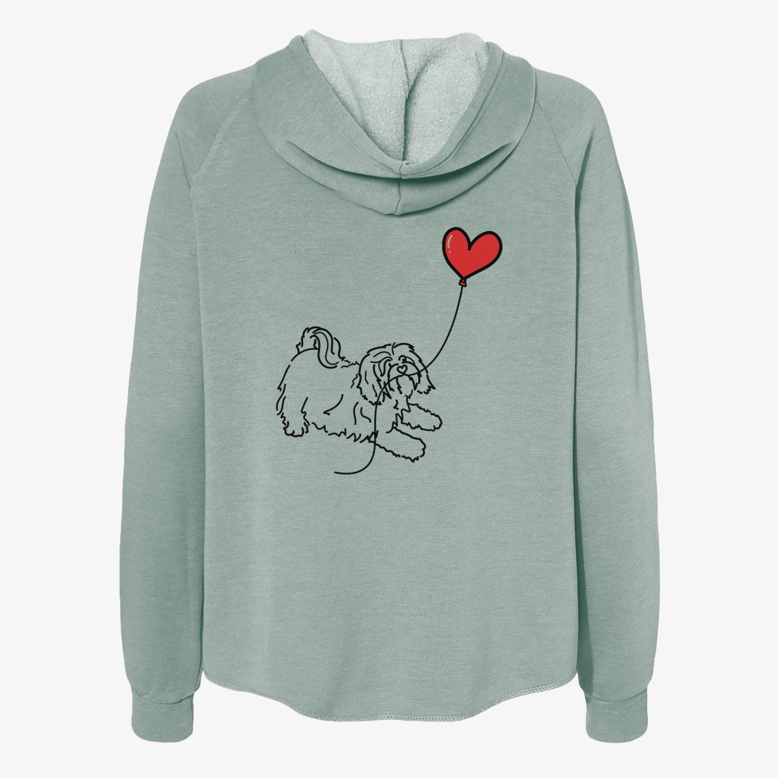 Minimalist line drawing of a Havanese Heart String- Women's Cali Wave Zip-Up Sweatshirt holding a heart balloon on a Sage Cali Wave Zipup Sweatshirt