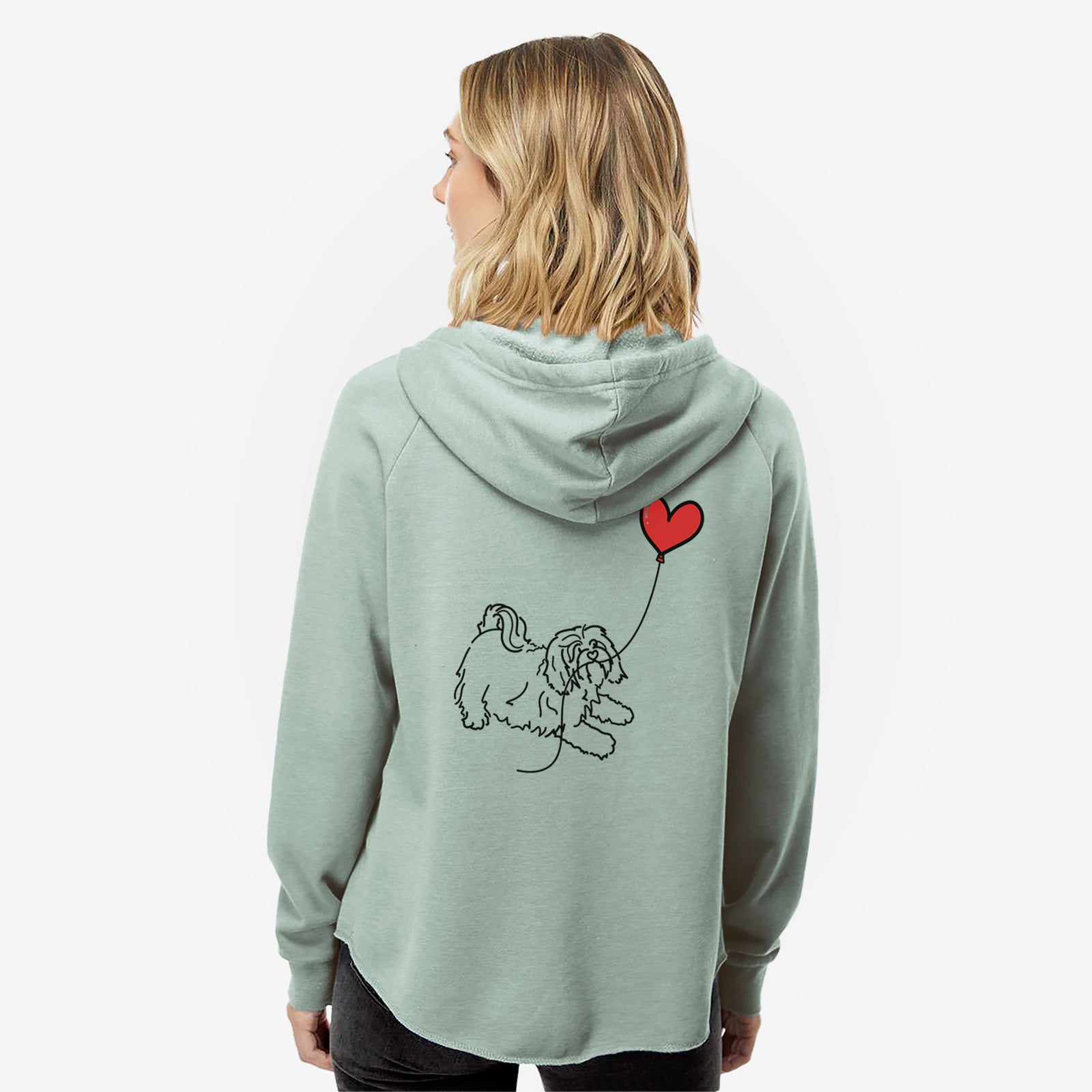 Minimalist line drawing of a Havanese Heart String- Women's Cali Wave Zip-Up Sweatshirt holding a heart balloon on a Sage Cali Wave Zipup Sweatshirt