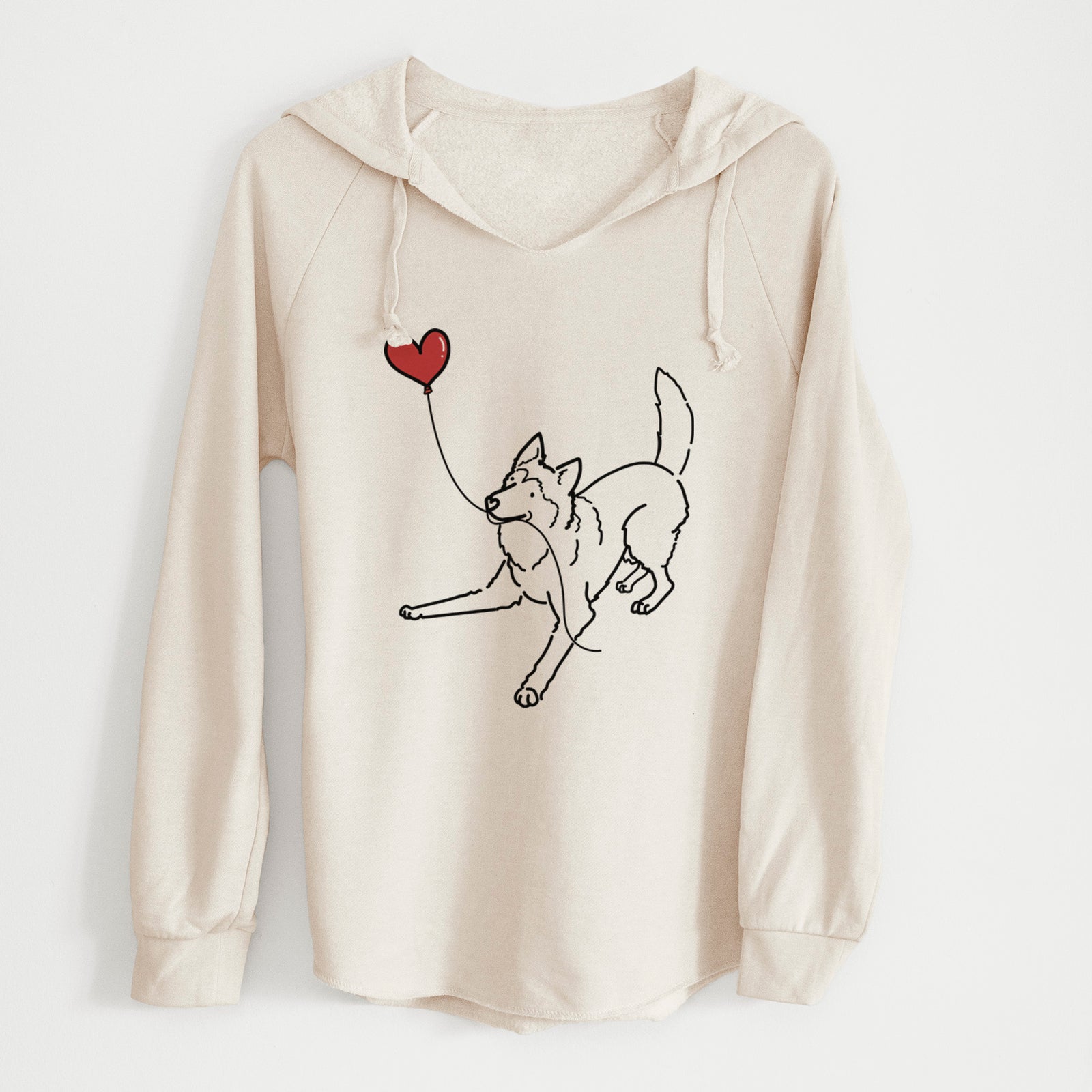 Minimalist line drawing of a Siberian Husky Heart String holding a heart balloon on a Bone Cali Wave Hooded Sweatshirt