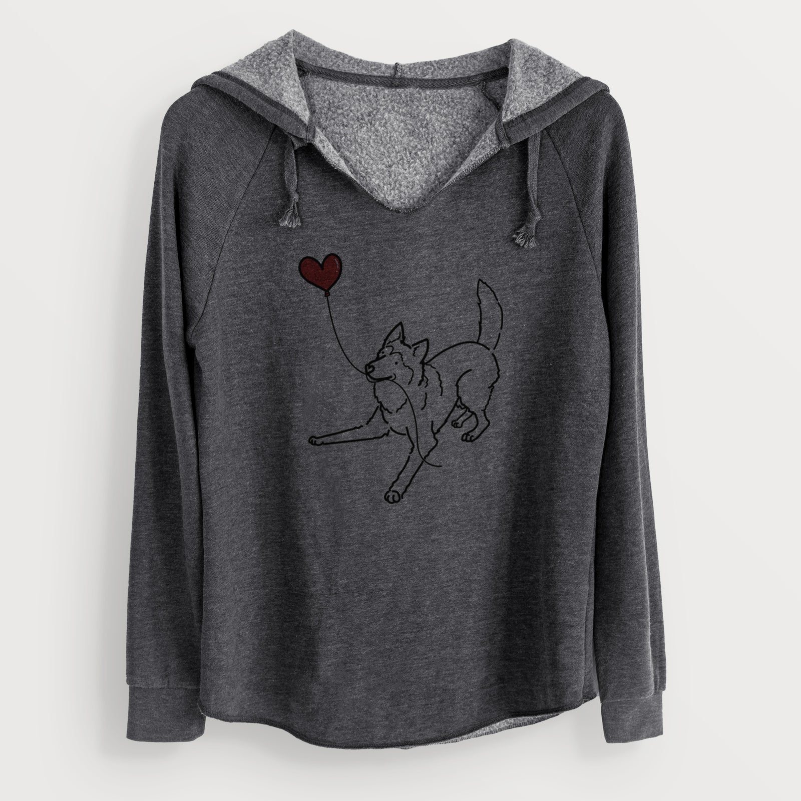 Minimalist line drawing of a Siberian Husky Heart String holding a heart balloon on a Charcoal Cali Wave Hooded Sweatshirt