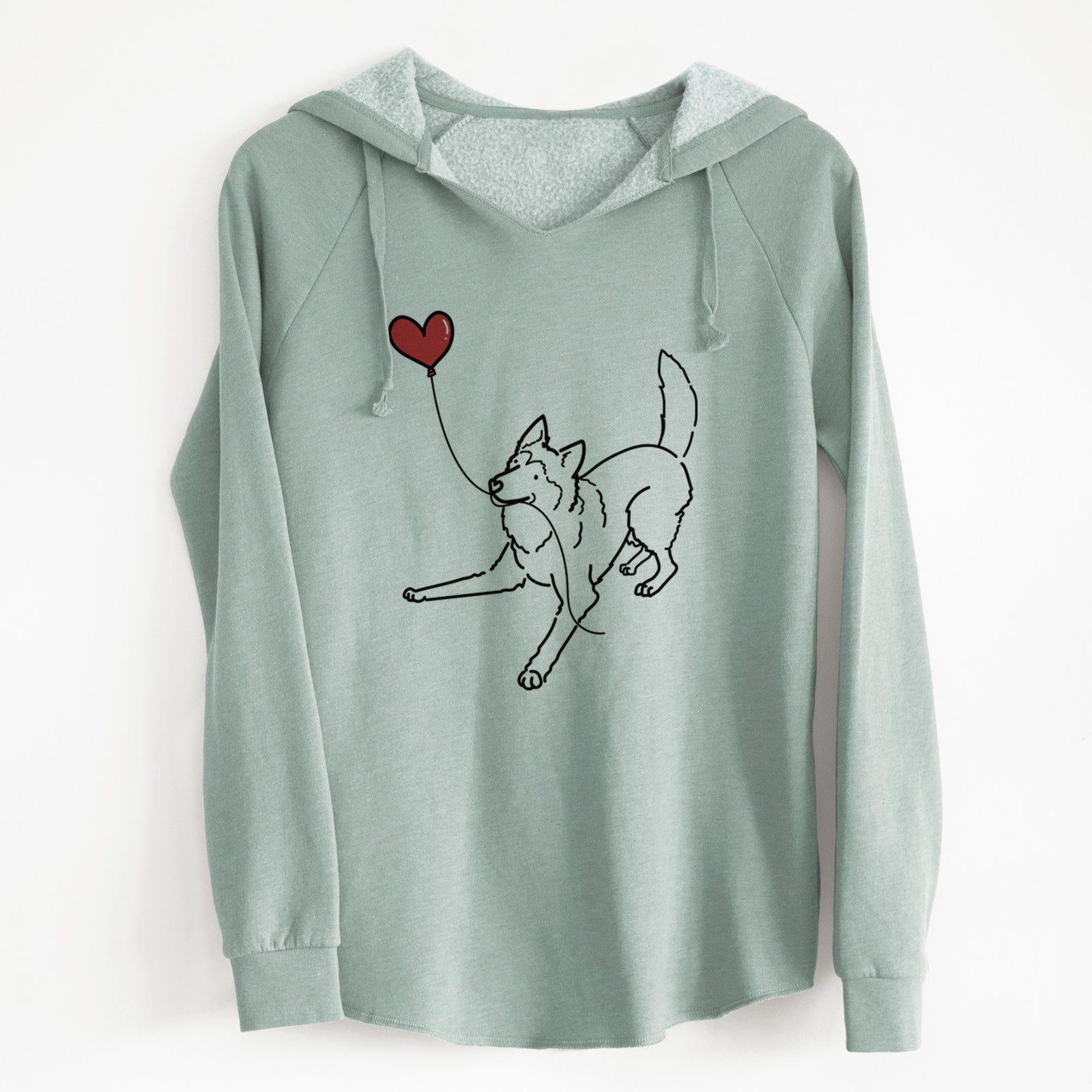Minimalist line drawing of a Siberian Husky Heart String holding a heart balloon on a Sage Cali Wave Hooded Sweatshirt