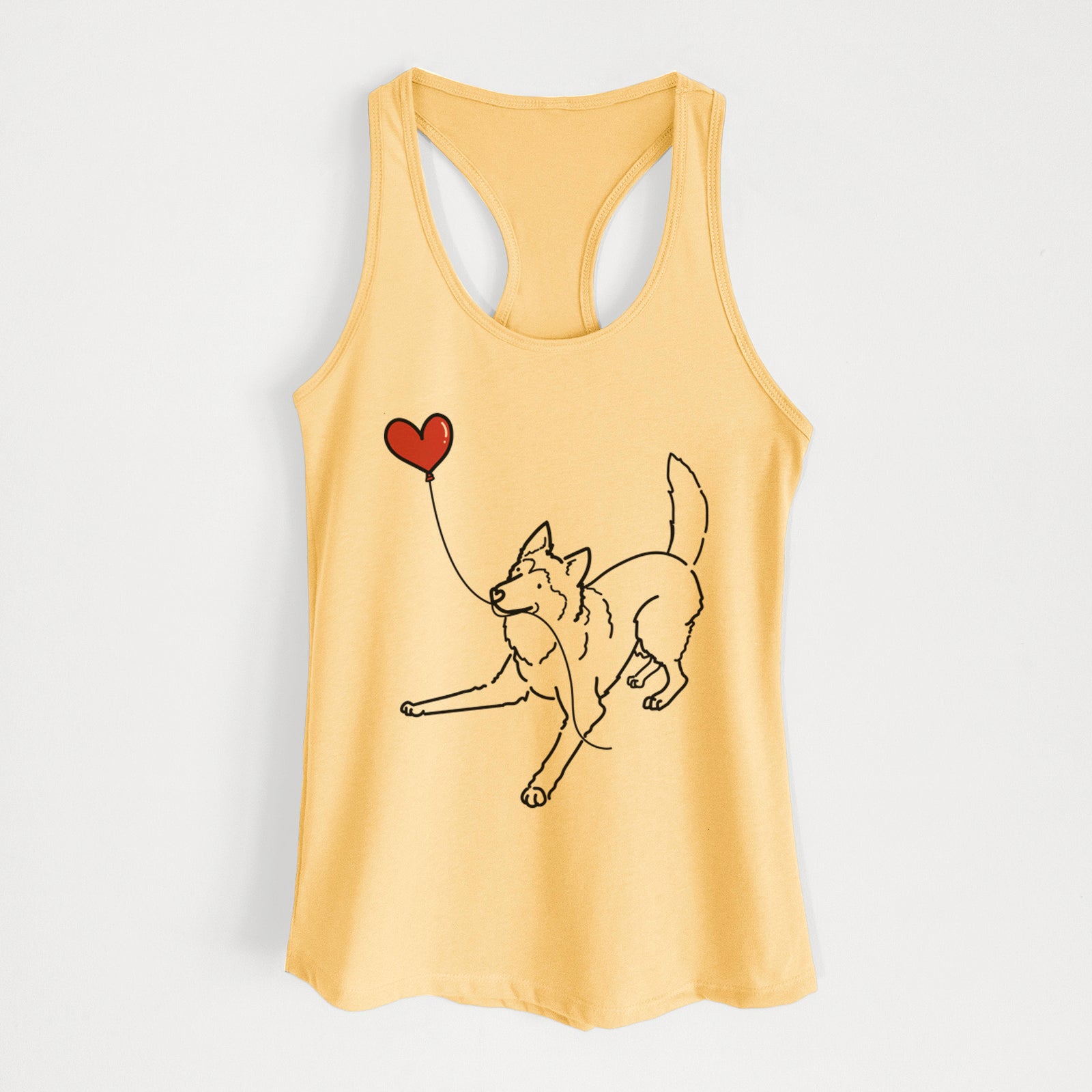 Minimalist line drawing of a Siberian Husky Heart String holding a heart balloon on a Banana Cream Women's racerback tanktop