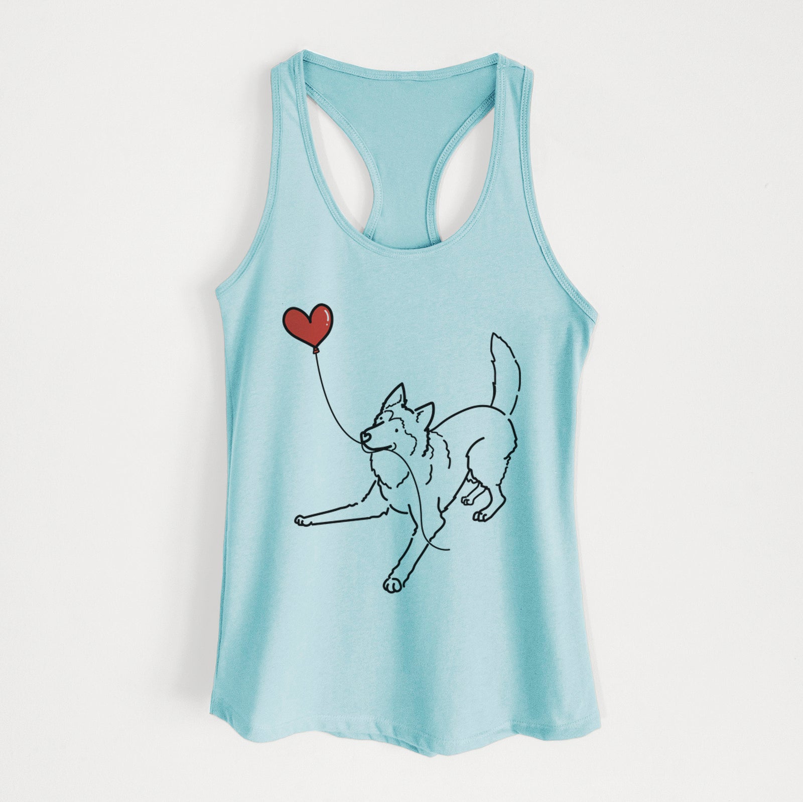 Minimalist line drawing of a Siberian Husky Heart String holding a heart balloon on a Cancun Blue Women's racerback tanktop