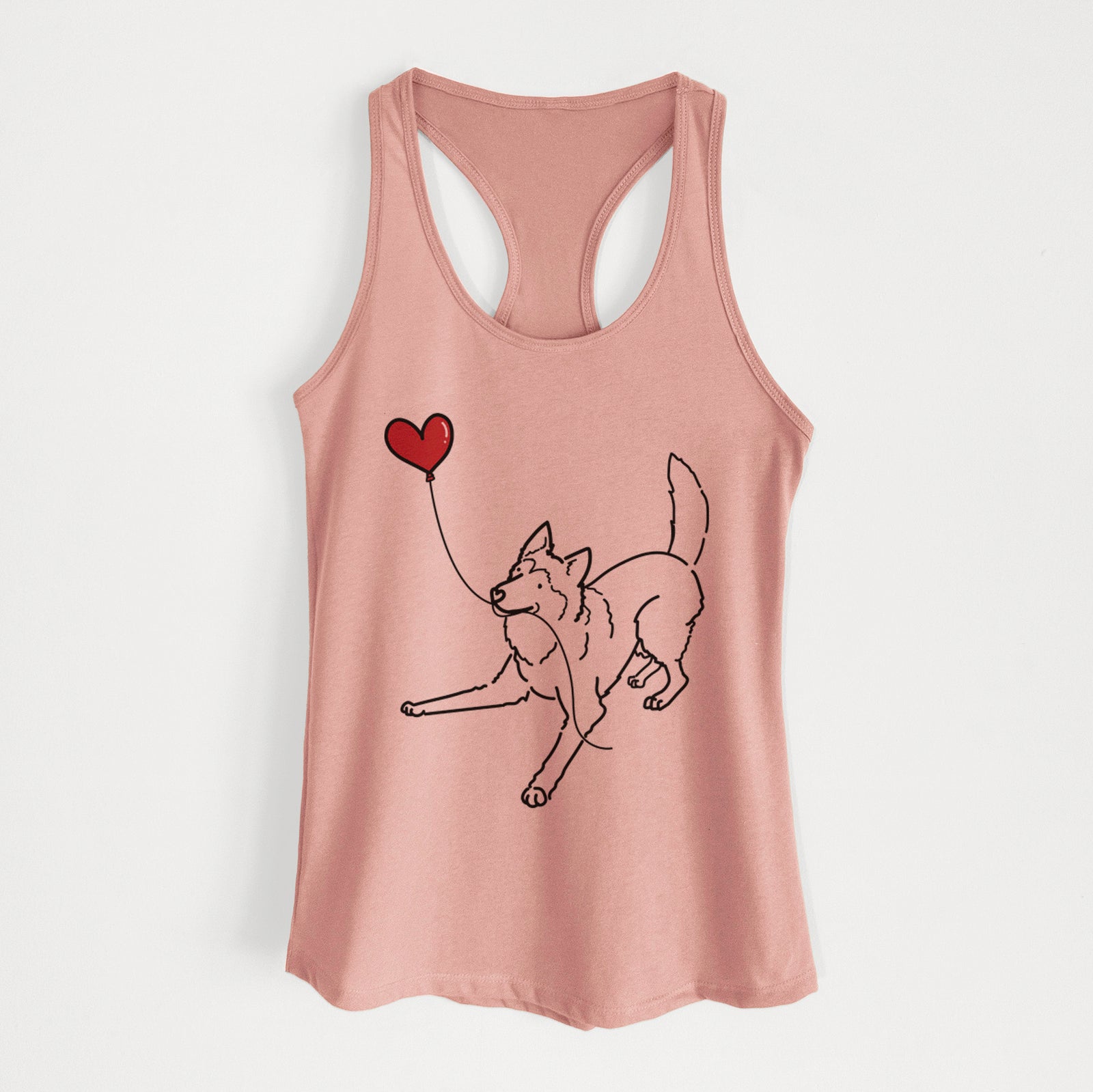 Minimalist line drawing of a Siberian Husky Heart String holding a heart balloon on a Desert Pink Women's racerback tanktop