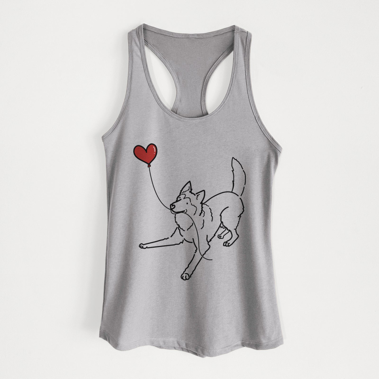 Minimalist line drawing of a Siberian Husky Heart String holding a heart balloon on a Heather Grey Women's racerback tanktop