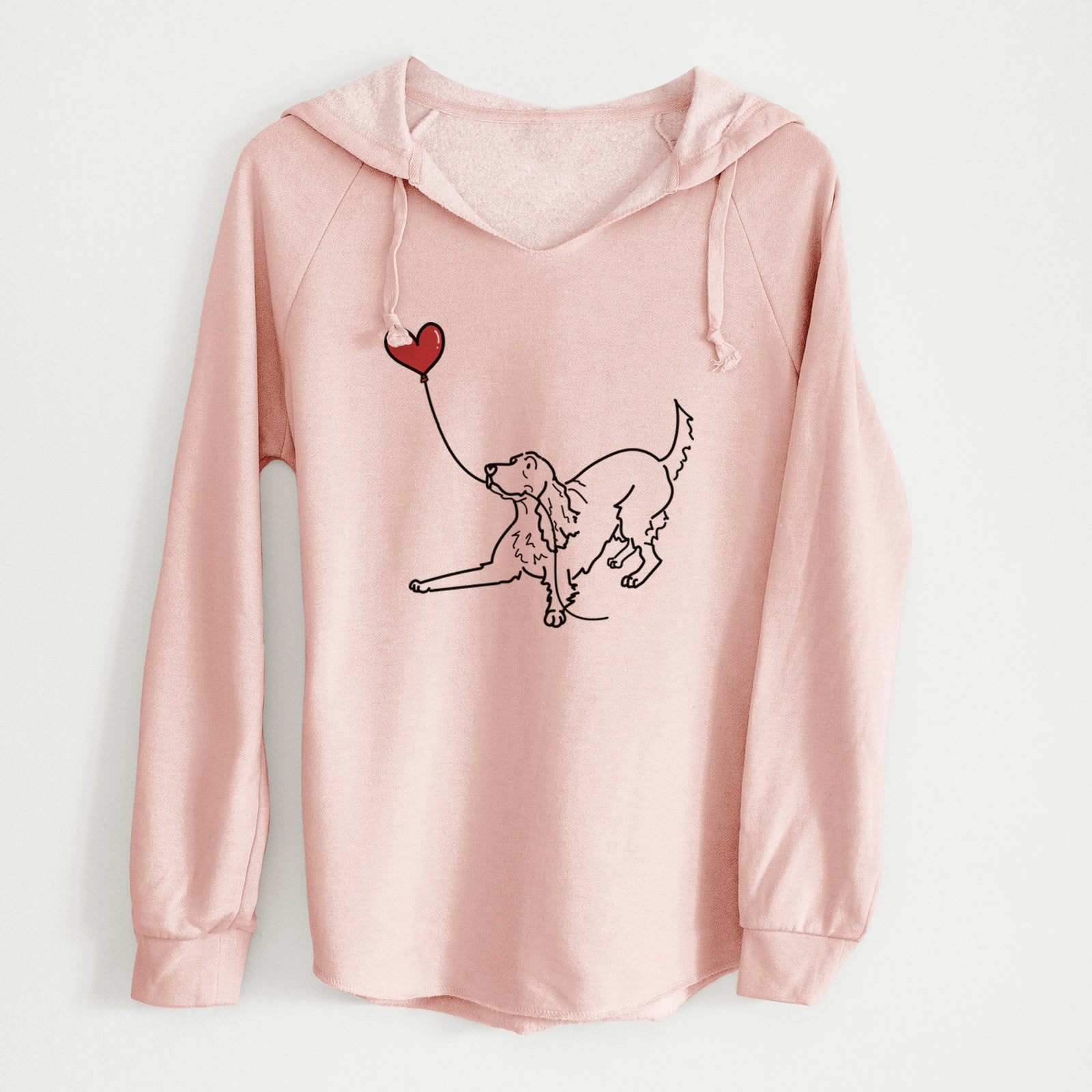 Minimalist line drawing of an Irish Setter Heart String holding a heart balloon on a Blush Cali Wave Hooded Sweatshirt