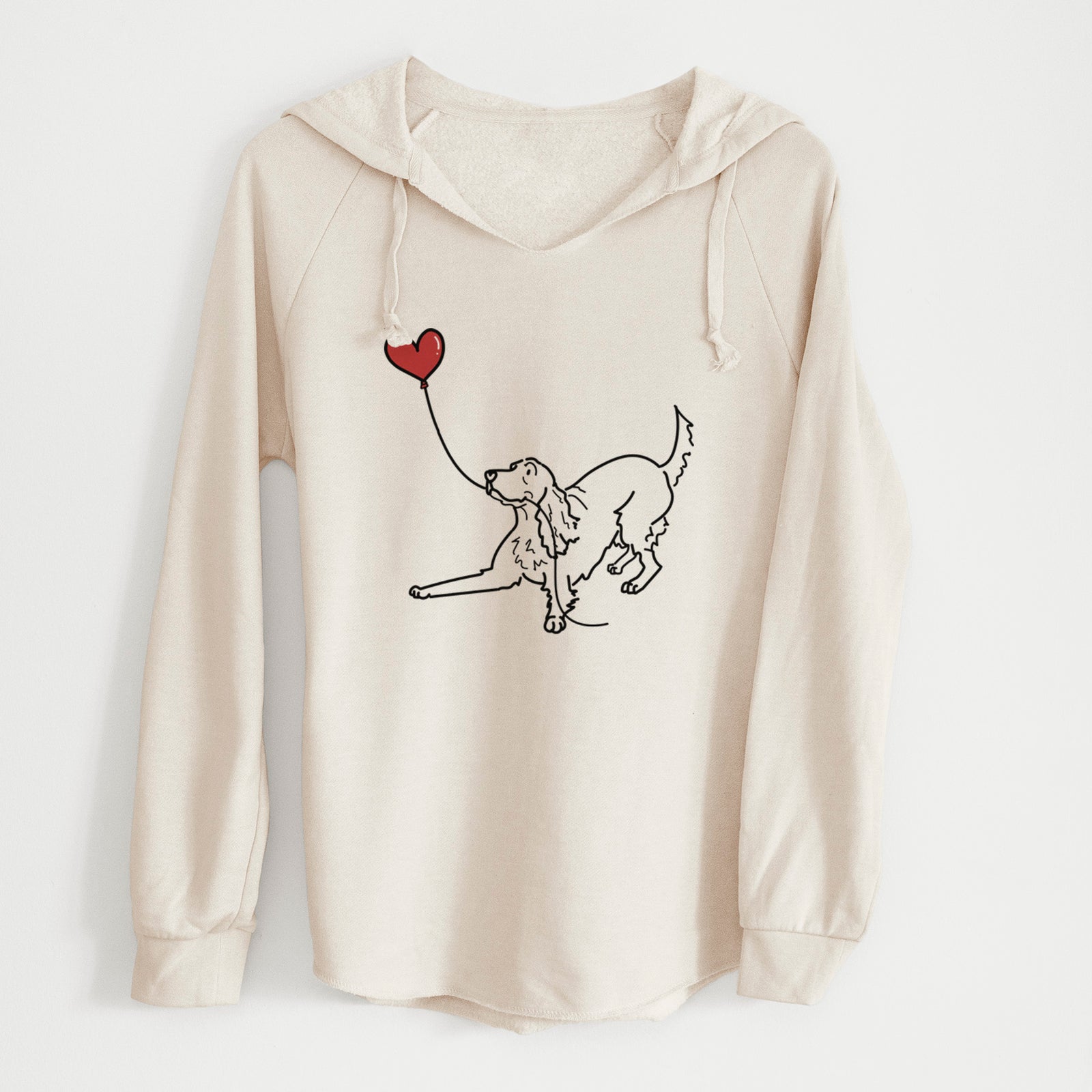 Minimalist line drawing of an Irish Setter Heart String holding a heart balloon on a Bone Cali Wave Hooded Sweatshirt