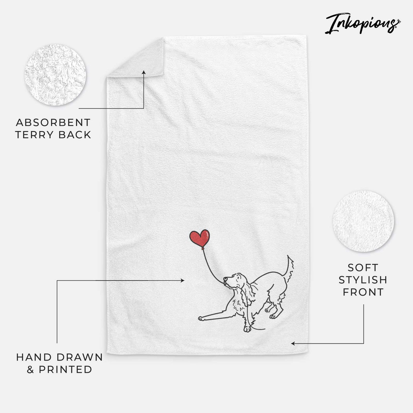 Minimalist line drawing of an Irish Setter Heart String holding a heart balloon on a decorative hand towel