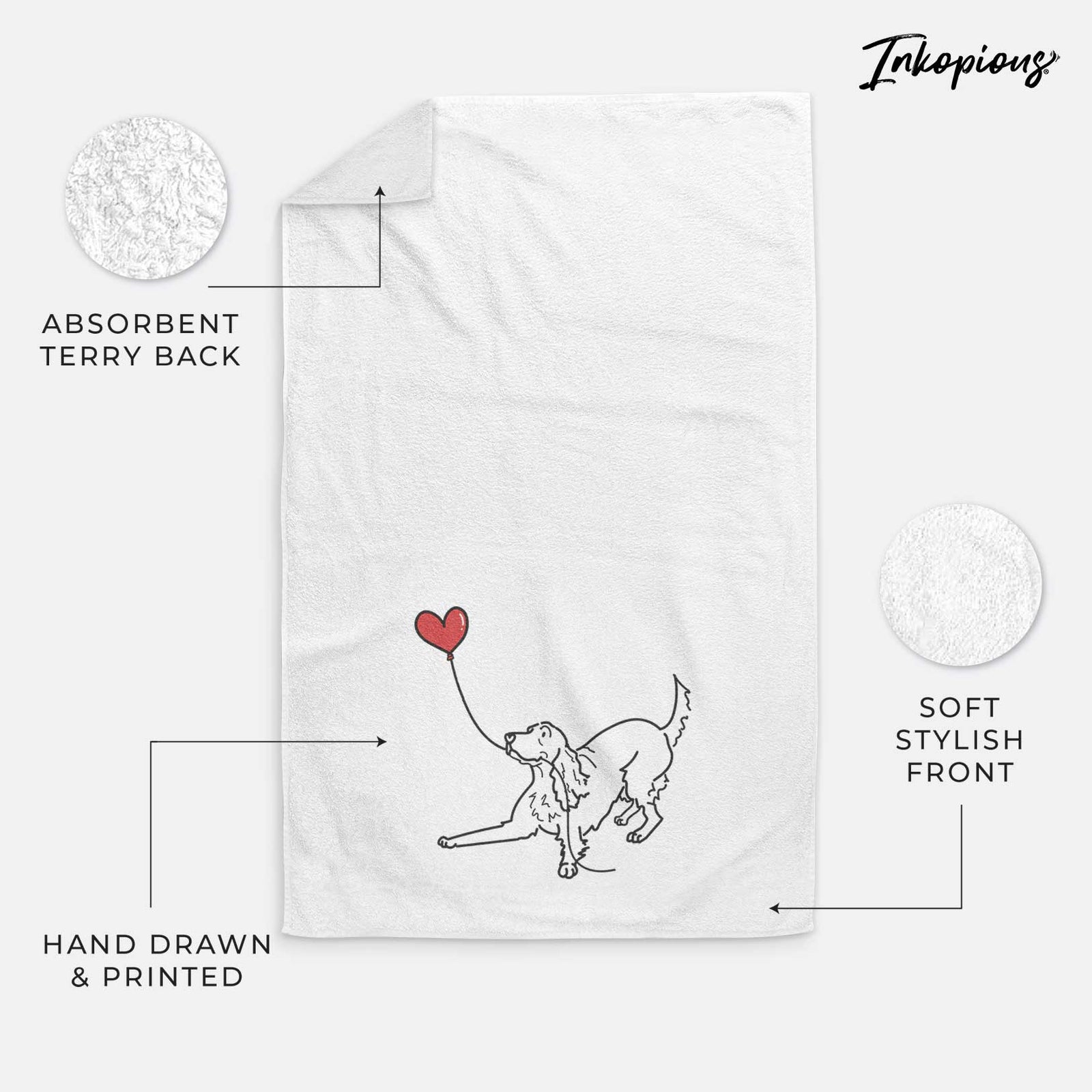 Minimalist line drawing of an Irish Setter Heart String holding a heart balloon on a decorative hand towel